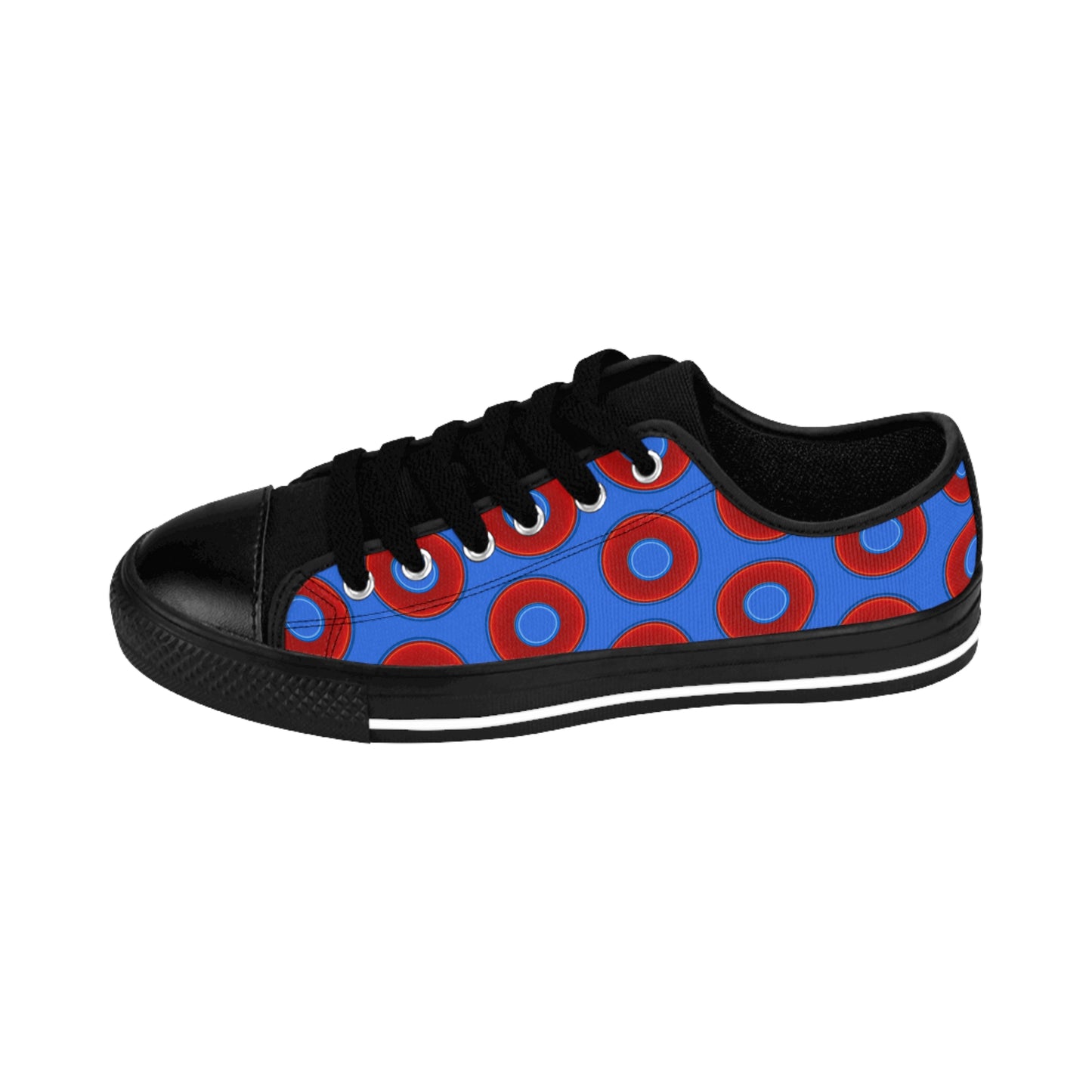 Women's Cushiony Convectors - Low Top - large red vivid donut print w/medium royal blue background