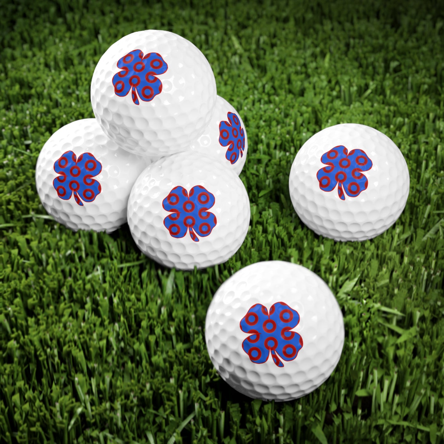 Lumpy Donut Golf Balls - 6-pack - "Patron Saint of Golf Balls" - vivid red/blue donut pattern - w/4-leaf clover - variant 4