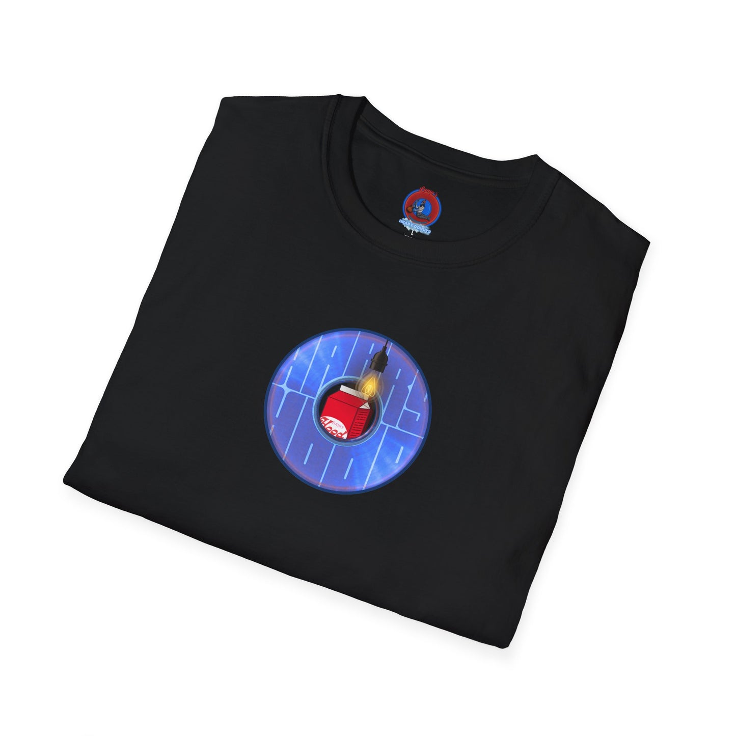 Classic Donut Tee - Unisex Soft-Style - "Harry Left His Donut Shirt" - series 1.0  - variant 4 - purple/blue donut - w/milk & light on