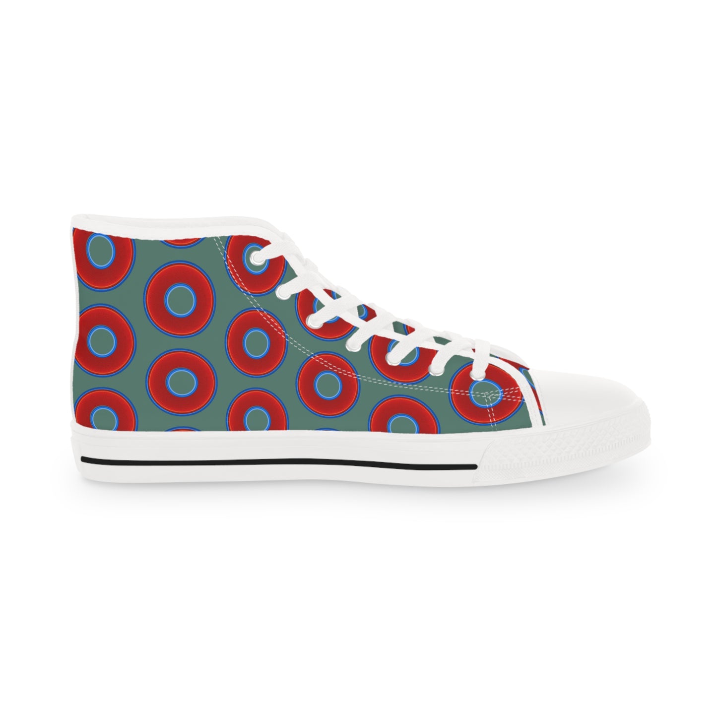 Men's High Top Chucks - large vivid red donut print w/Fenway green background