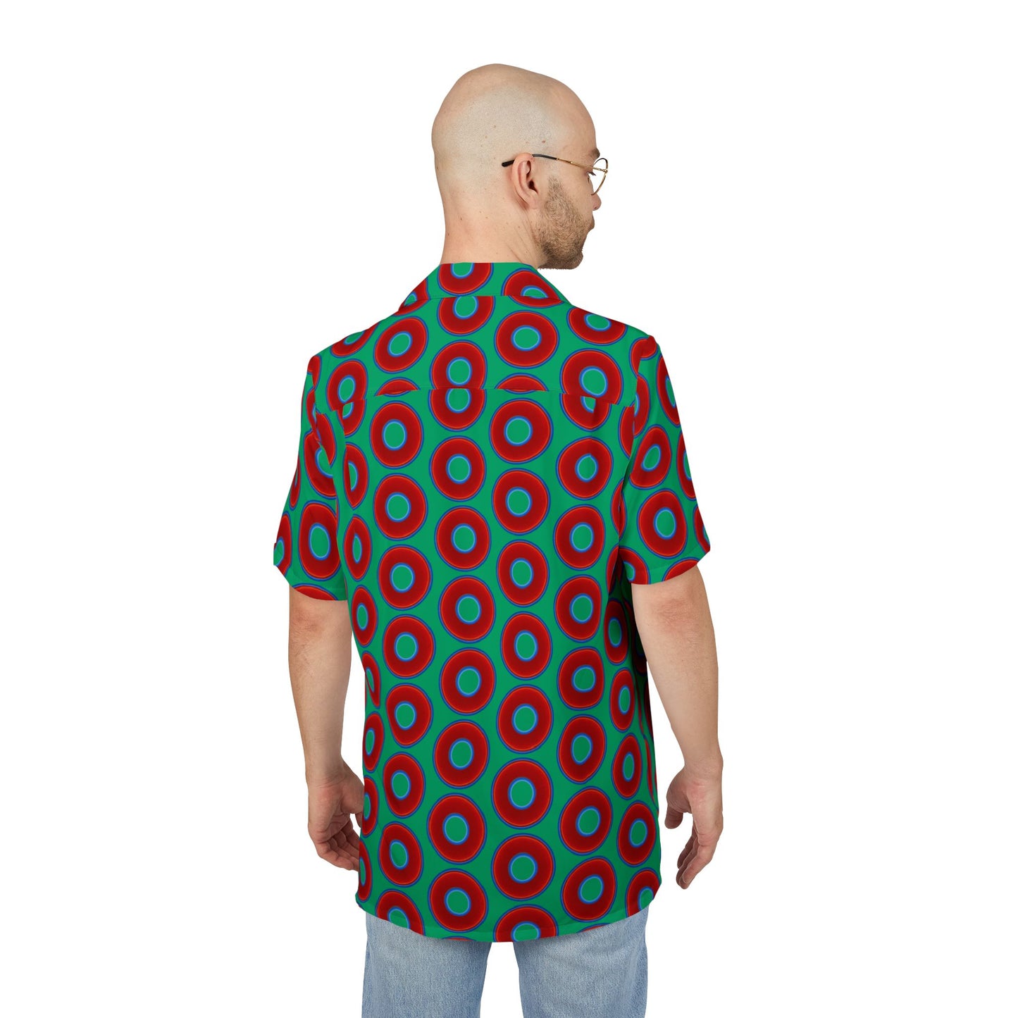 Wilson's 'Epic Hawaiian-Punch' Shirt - vivid red donut print w/jade green background [unisex]