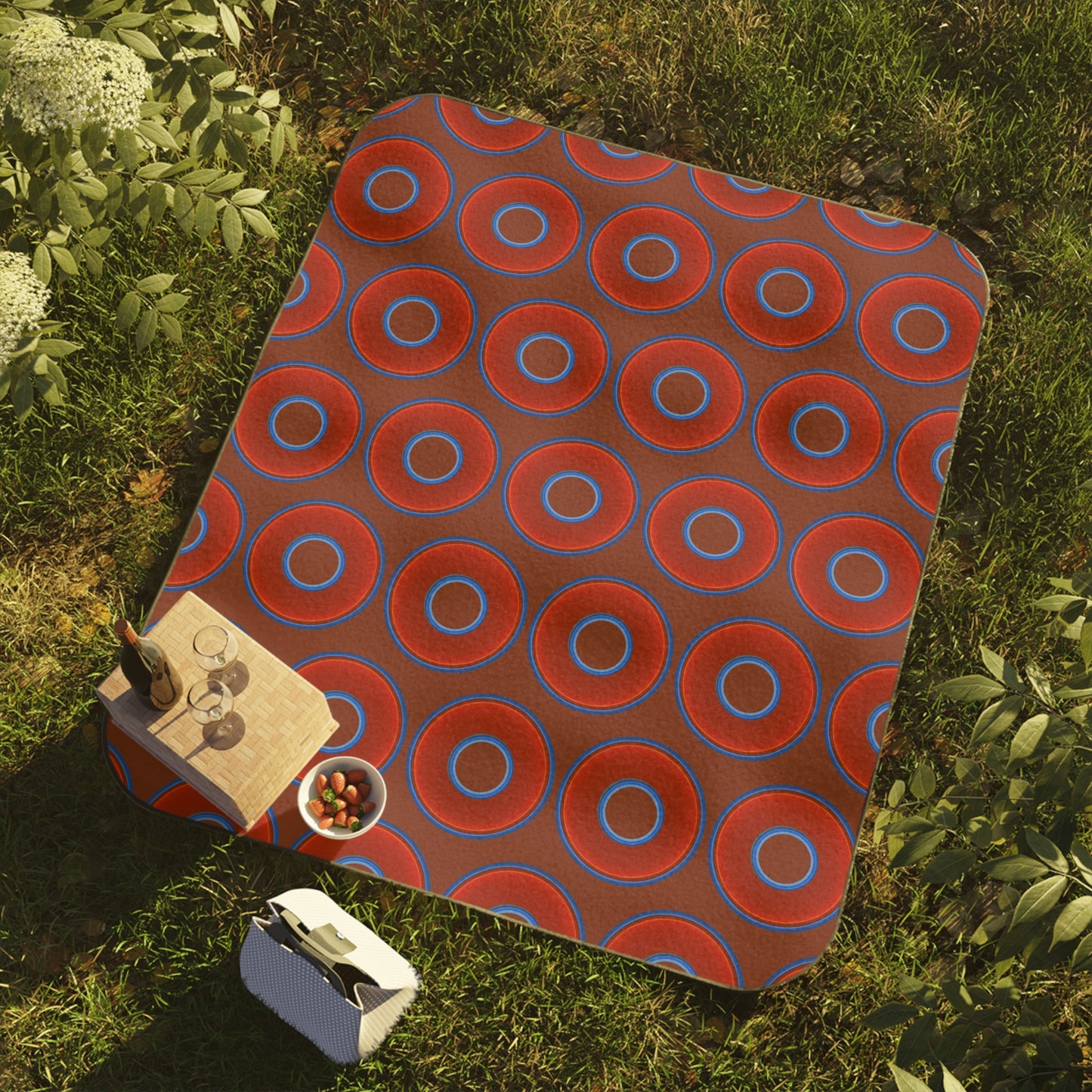 The Lumpy Party Blanket - giant water-resistant outdoor blanket [61" x 51"] - vivid red donuts w/burnt umber background