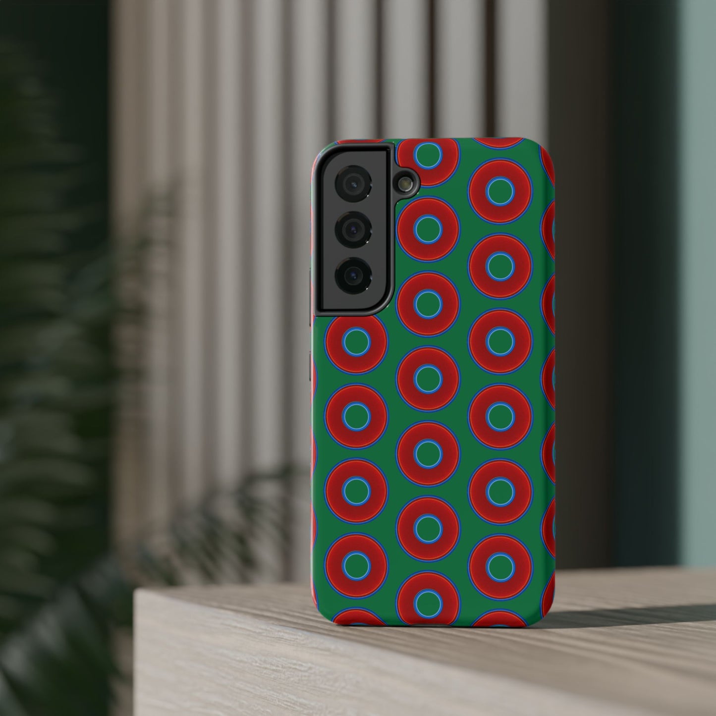 Impact-Resistant Lumpy Donut Case - red vivid donut print w/green background