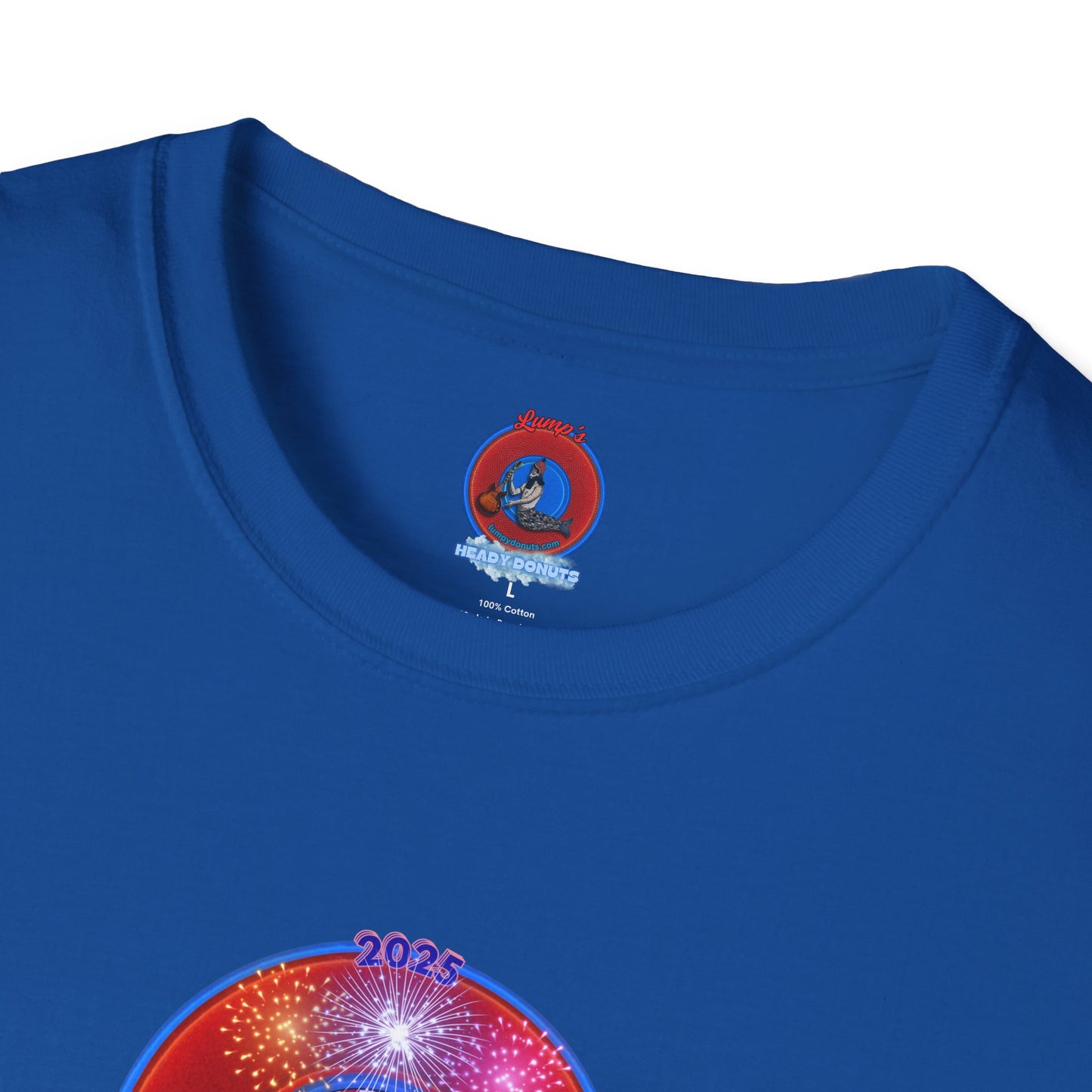 Classic Donut Tee - Unisex Soft-Style - "One Indivisible Donut" - vivid red phreedom donut - w/fireworks - variant 3