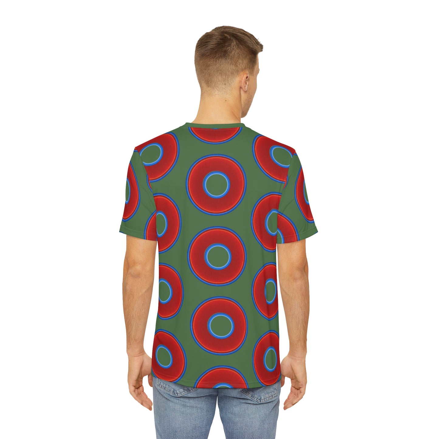 Multi-Beastie Giant Donut AOP Polyester Tee - red vivid donut print w/dark green background