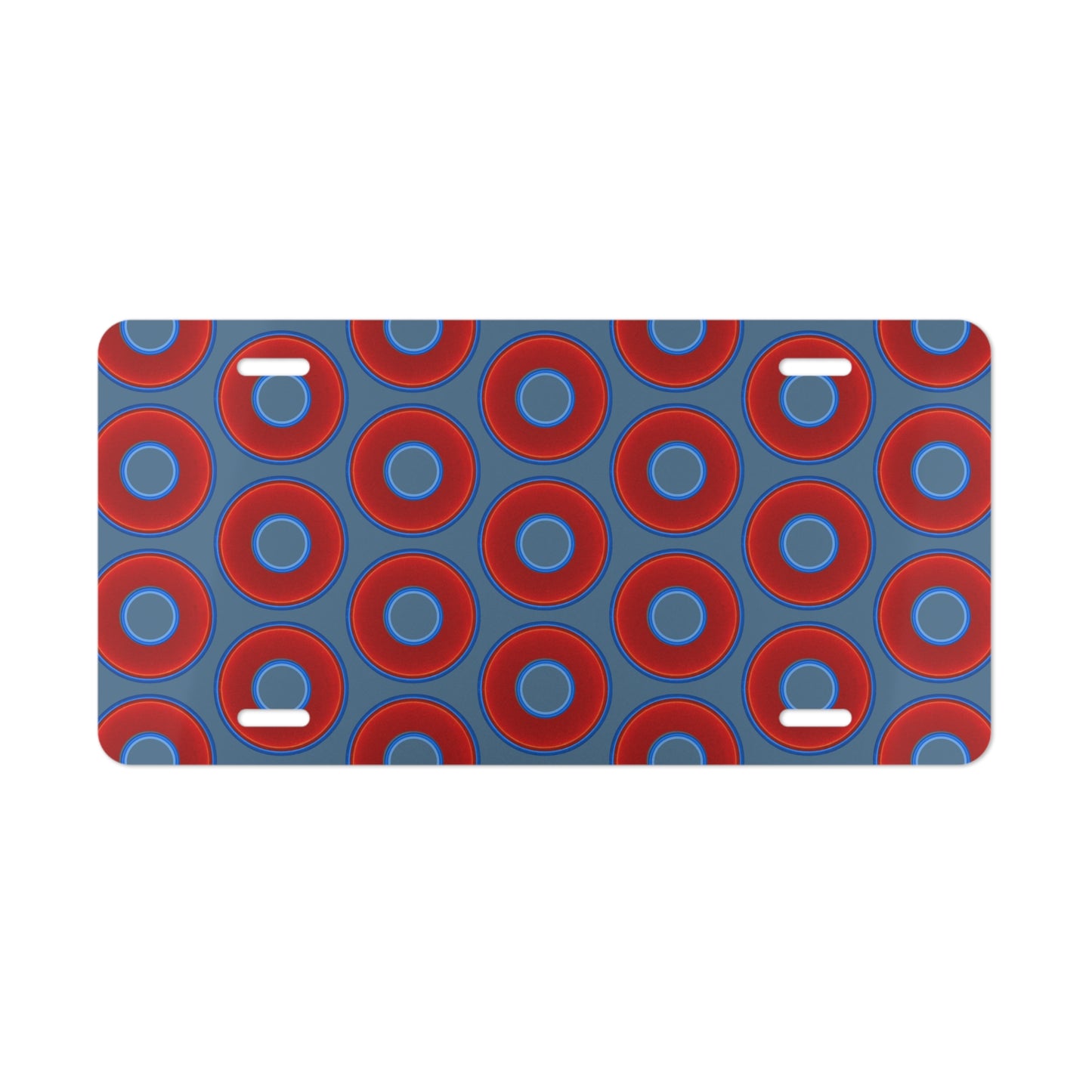 Lumpy Donut Vanity Plate - red vivid donut print w/steel blue background