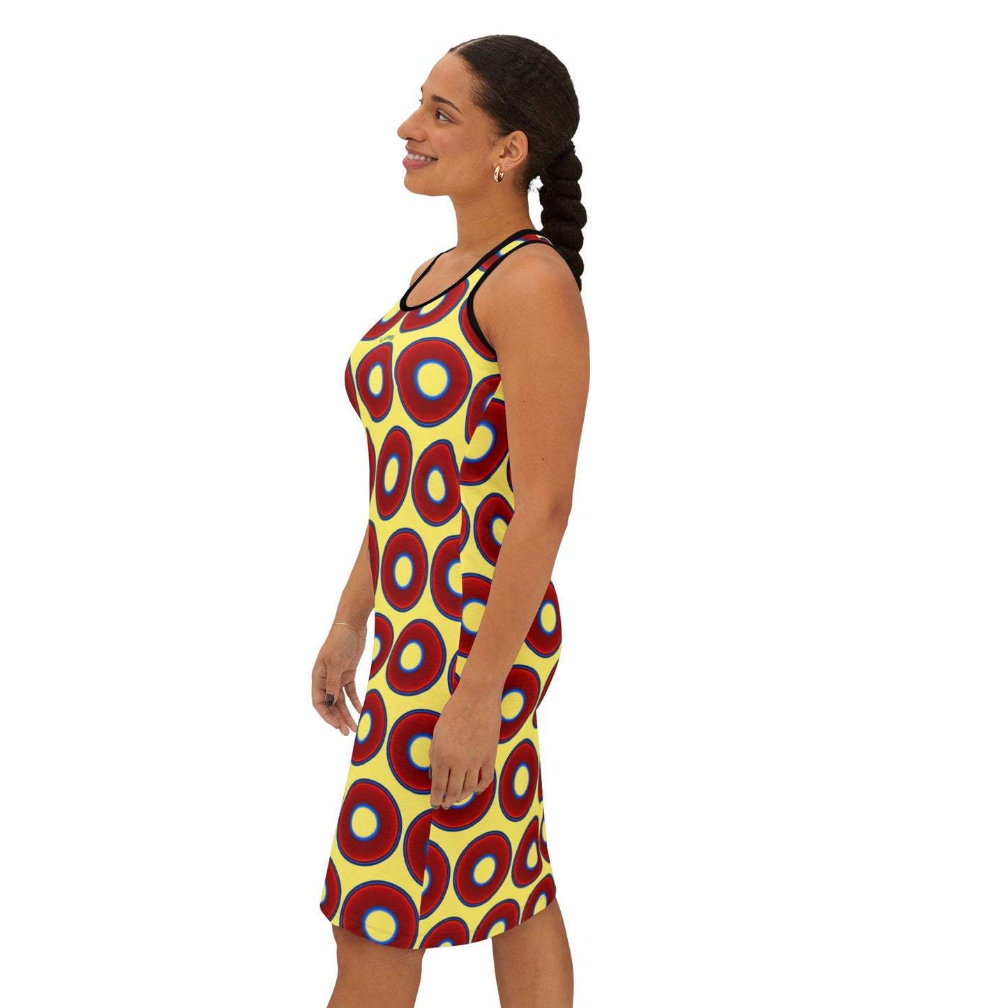 Tela's Lumpy Racerback Donut Dress - red vivid donut print w/yellow background