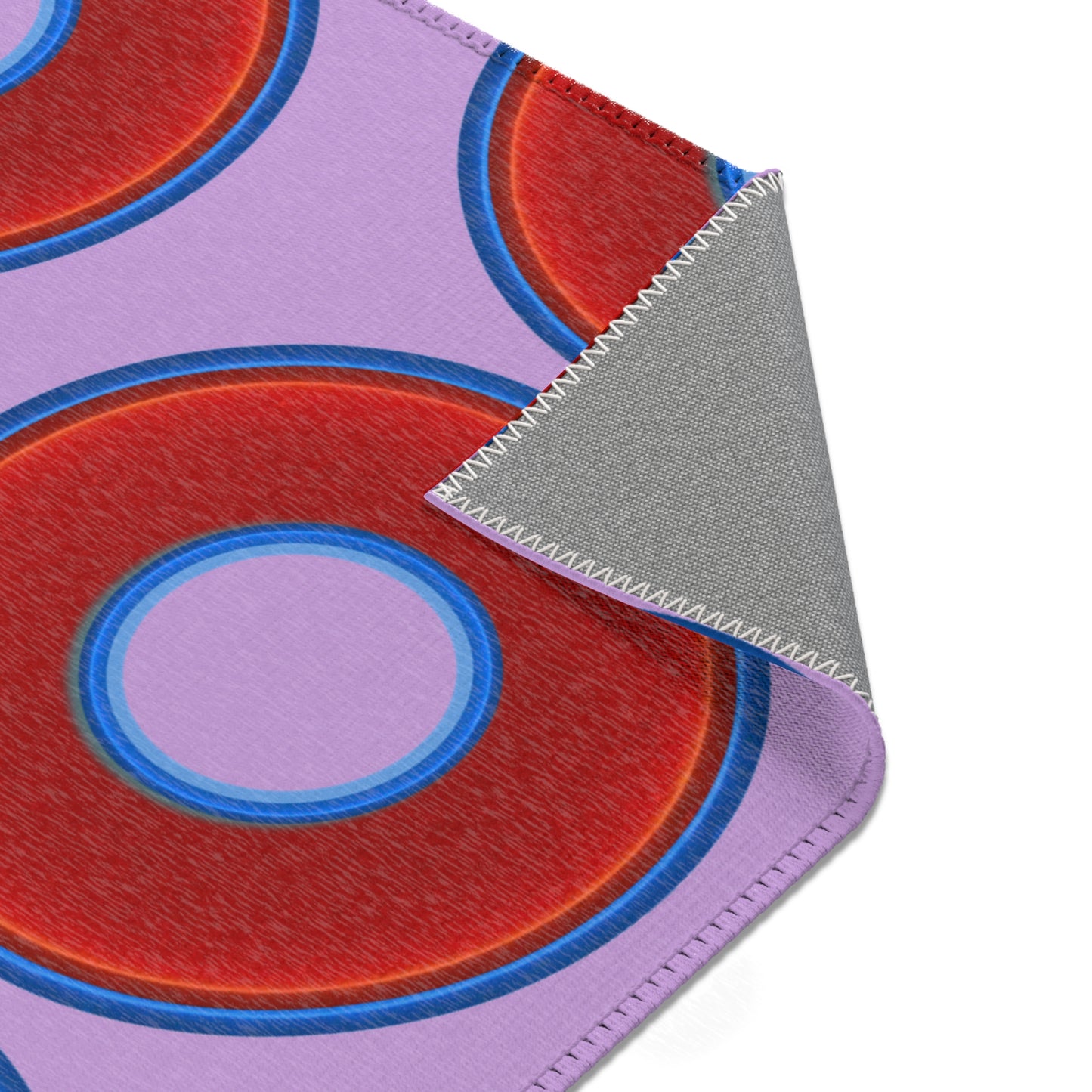 Lumpy Donut Print Rug - choice of 3 sizes - vivid red donut print w/wisteria purple background