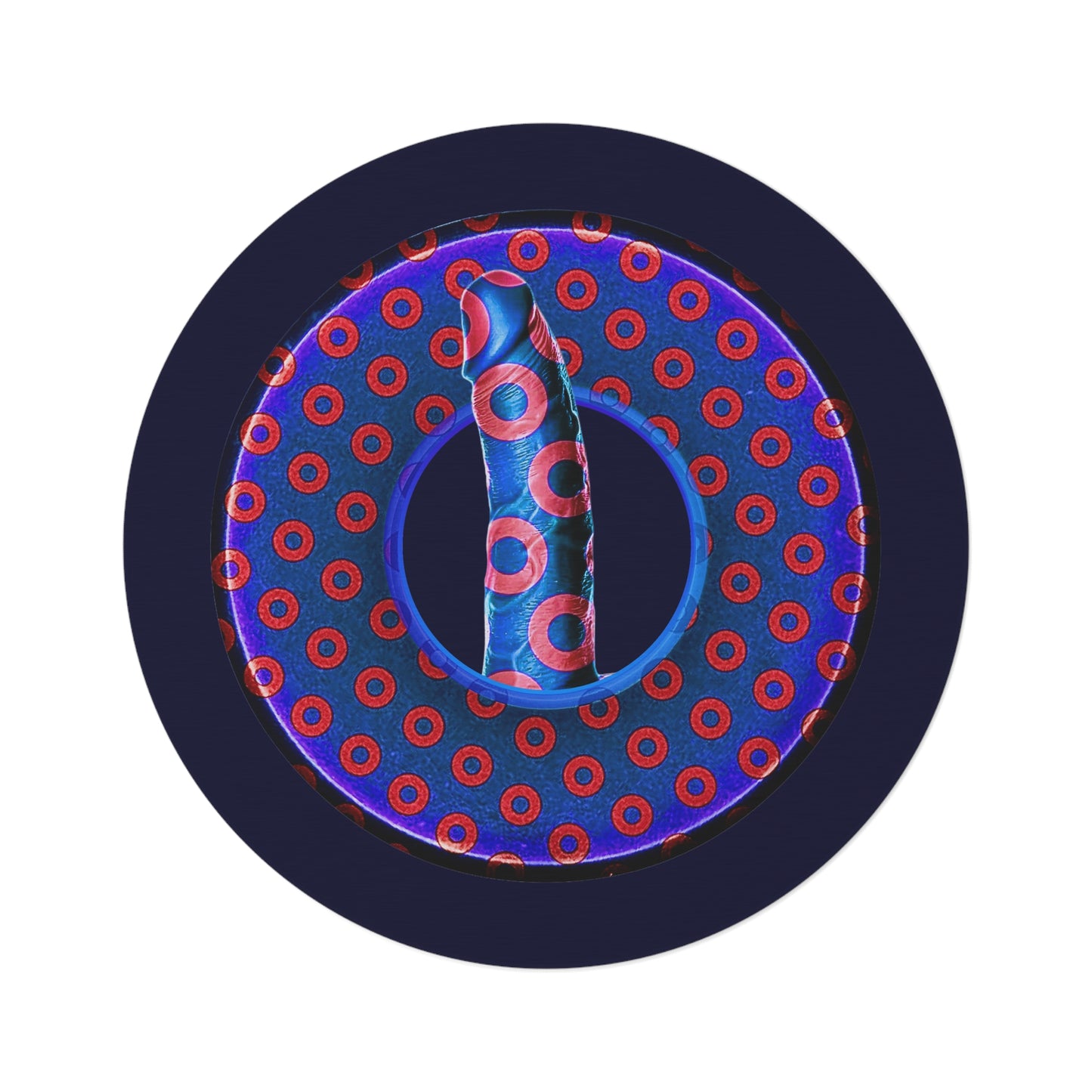 Round Room - 5 ft x 5 ft Lumpy Donut Rug - "Sir Richard's Phamous Donut Rug" - paradoxical weathered blue/red donut w/midnight blue background - variant 3