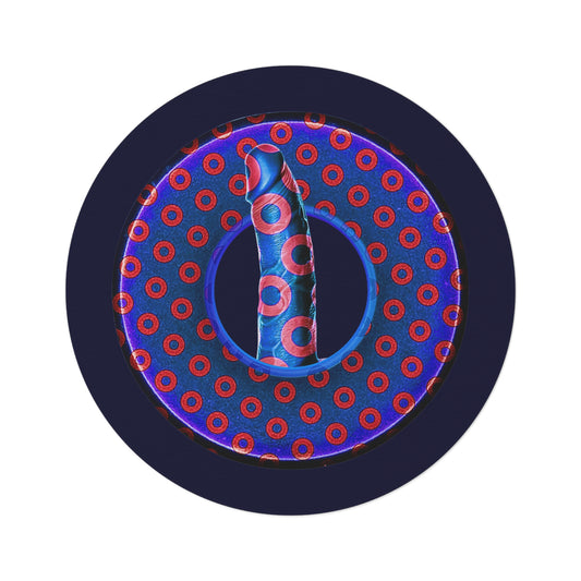 Round Room - 5 ft x 5 ft Lumpy Donut Rug - "Sir Richard's Phamous Donut Rug" - paradoxical weathered blue/red donut w/midnight blue background - variant 3