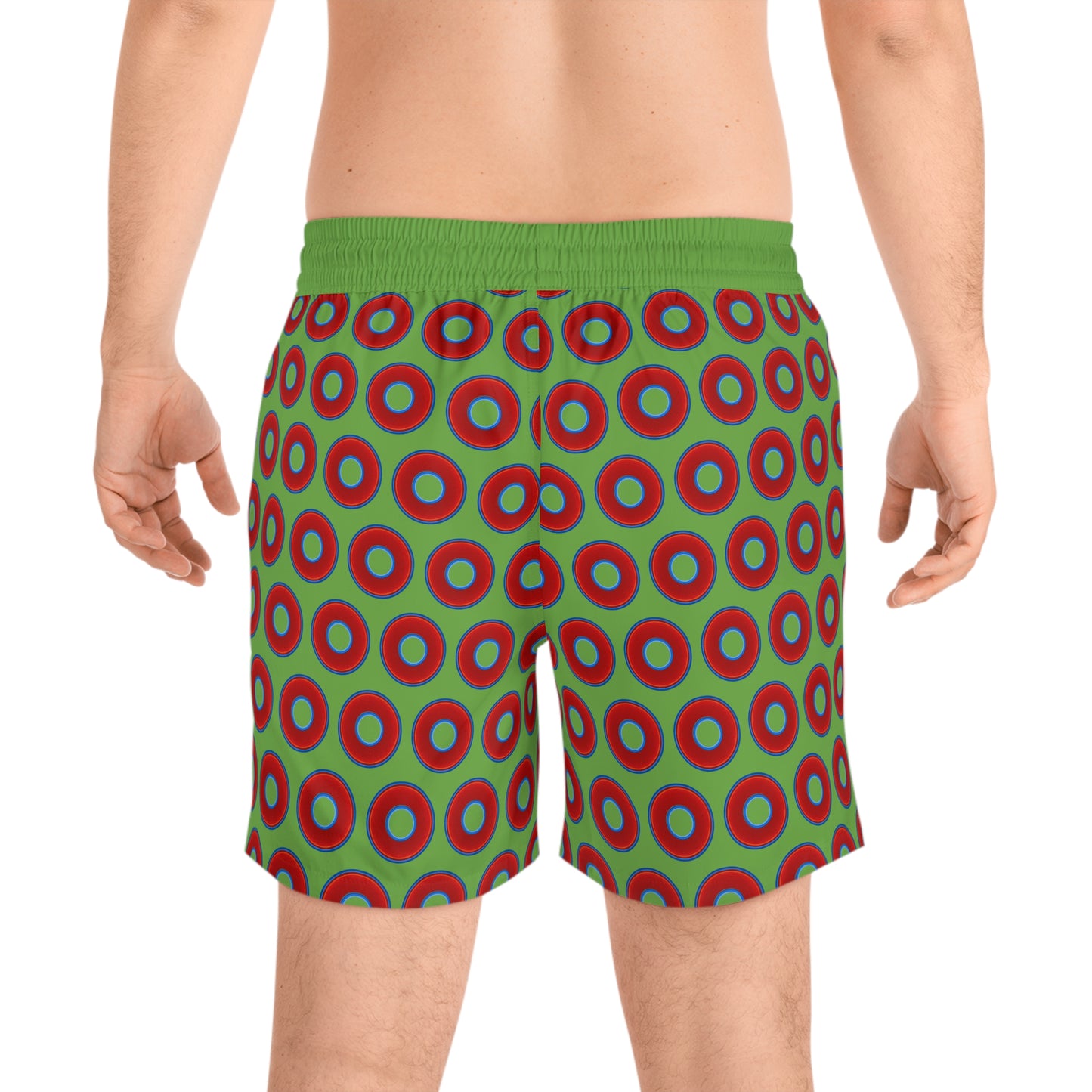 Men's Lumpy Swim Trunks - vivid red donut print w/light green background