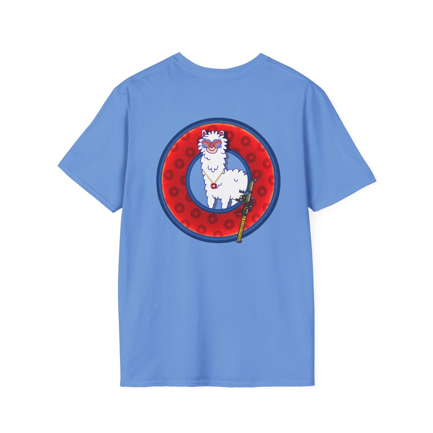 Classic Donut Tee - Unisex Soft-Style - "Medium Paced Llama Donut" - red/blue widemouthed paradox donut