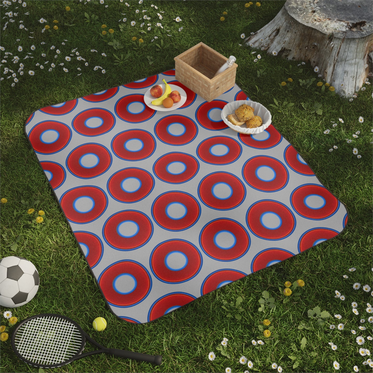 The Lumpy Party Blanket - giant water-resistant outdoor blanket [61" x 51"] - vivid red donuts w/light gray background