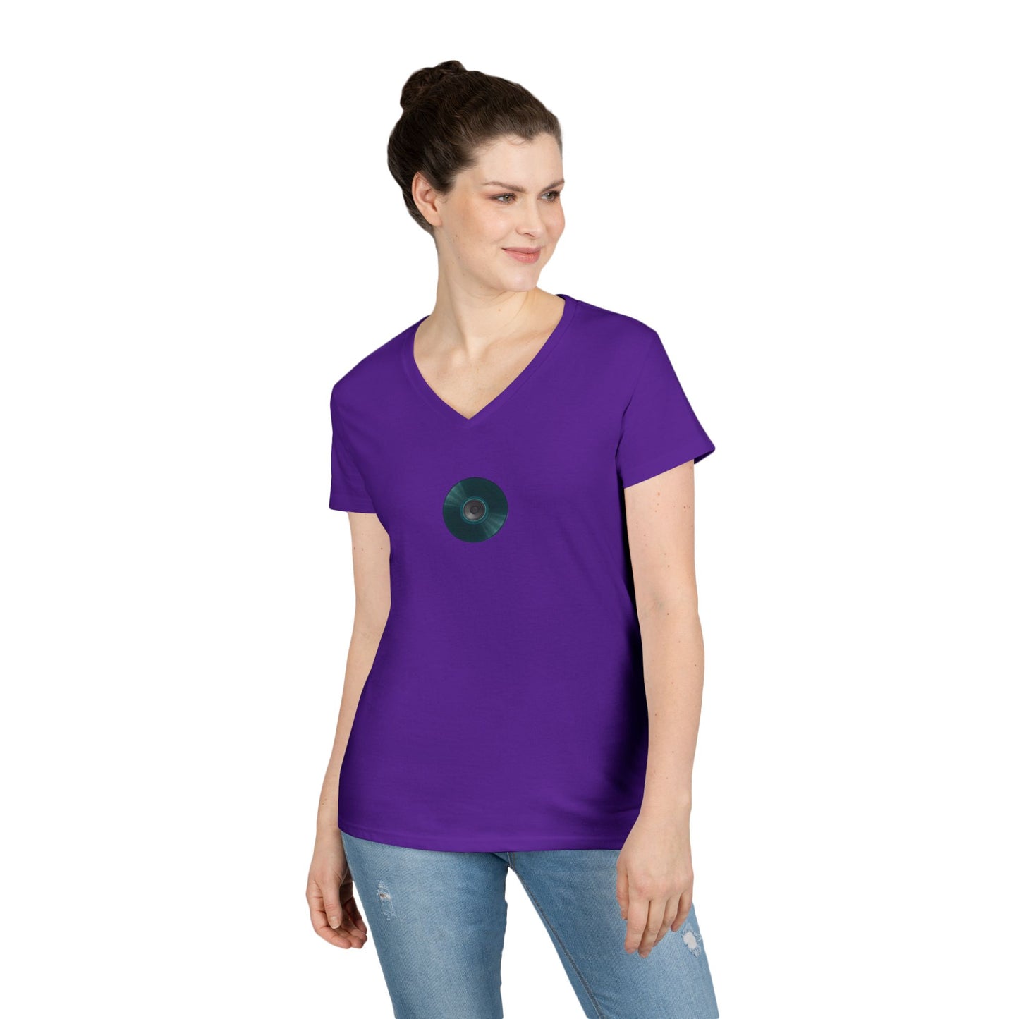 Women's Donut V-Neck Tee - "Speaker Donut" - vivid teal record donut w/