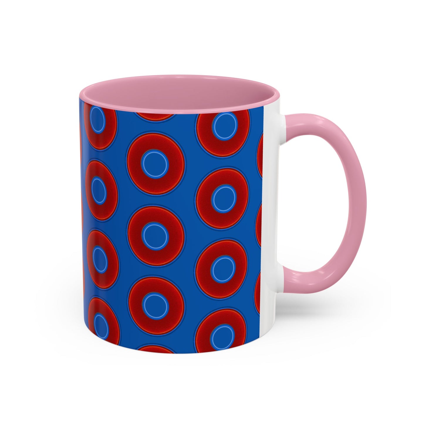 Lump's Grumpy Coffee Mug - vivid red donuts w/dark royal blue background