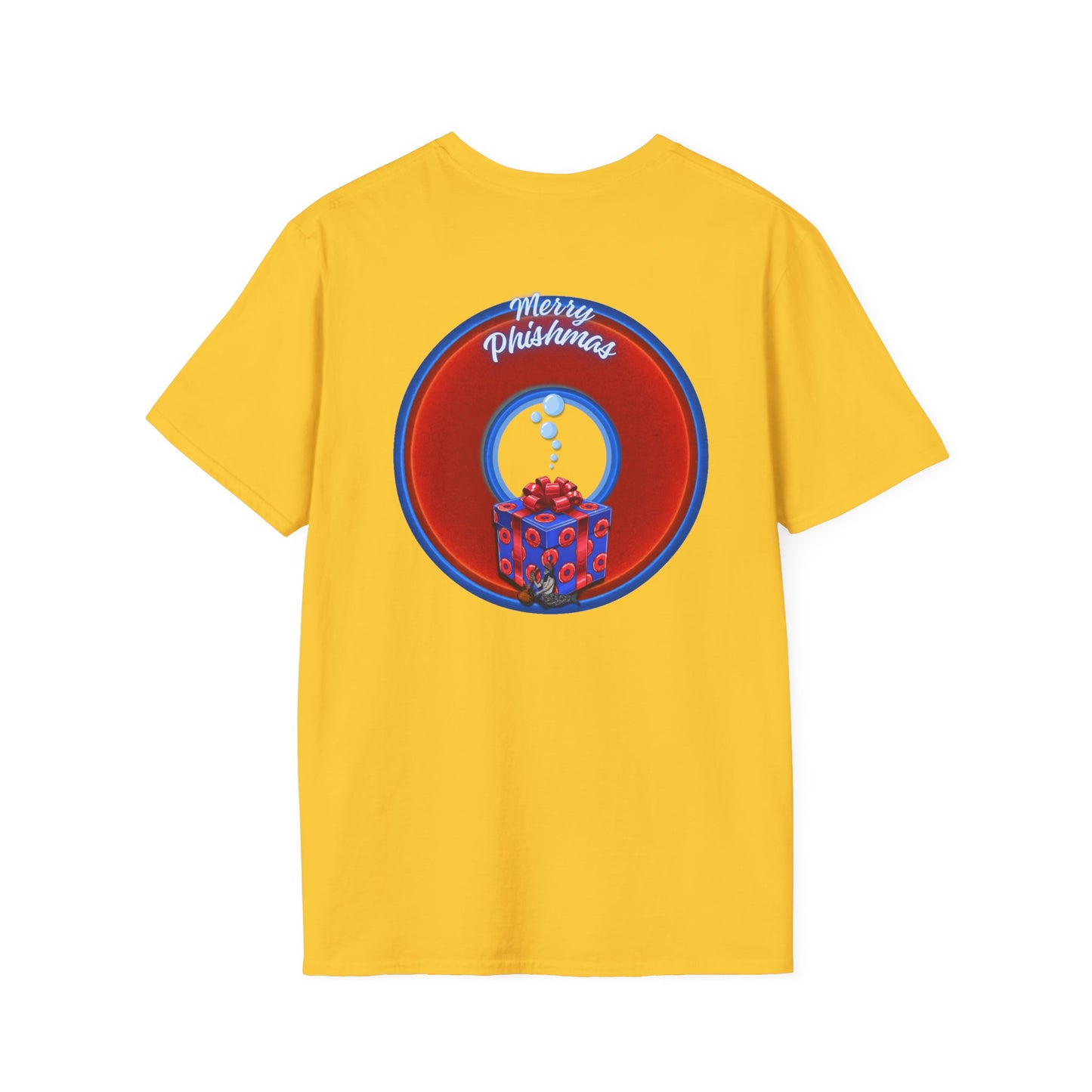 Classic Donut Tee - Unisex Soft-Style - "Phishmas Caroler's Tee " - vivid red/blue donut - variant 2