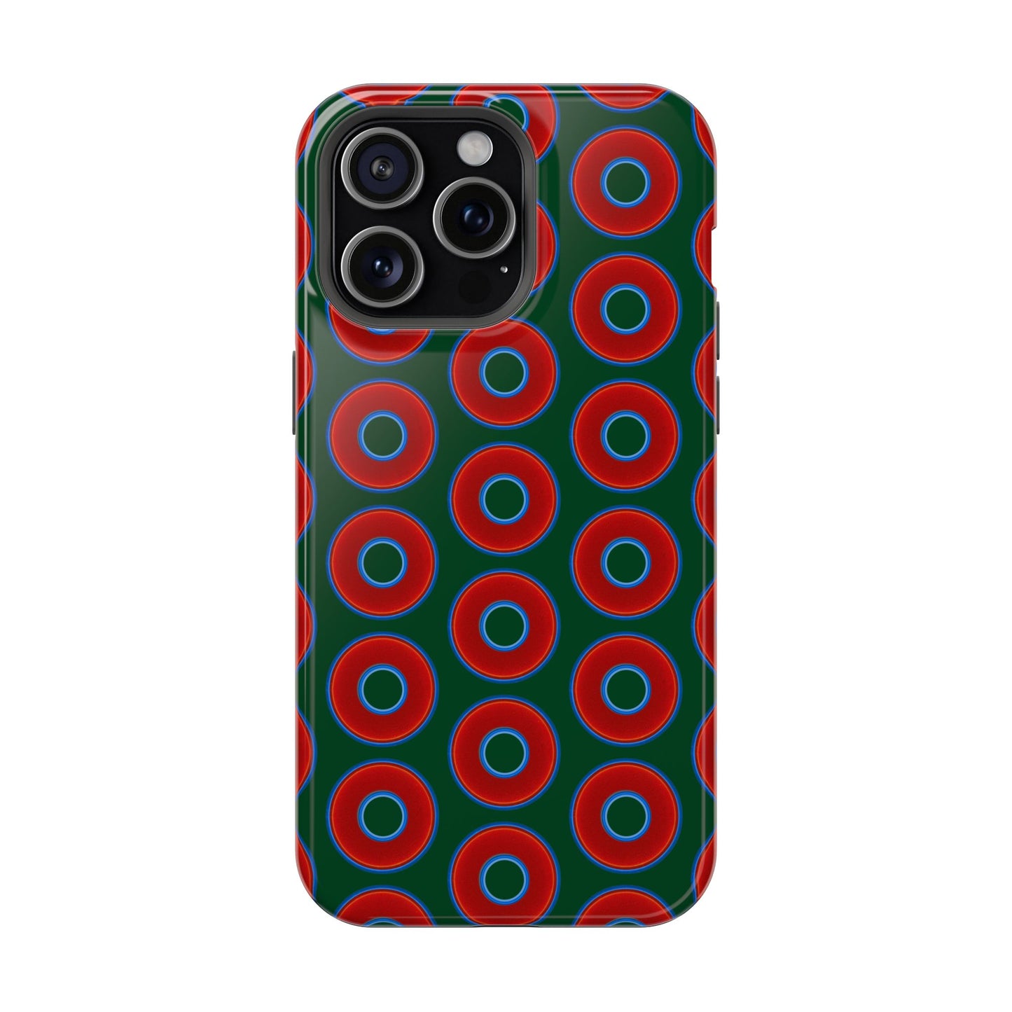 Impact-Resistant Lumpy Donut Case - red vivid donut print w/dark pond green background