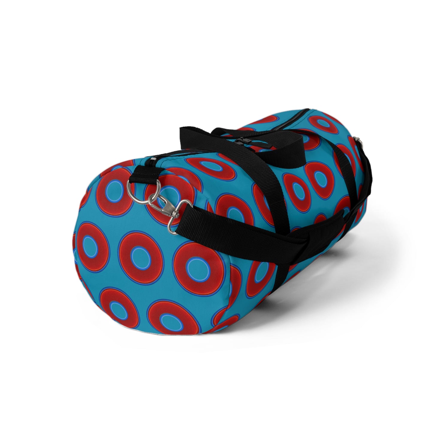 Lumpy Duffel - vivid red donuts w/aquamarine blue background