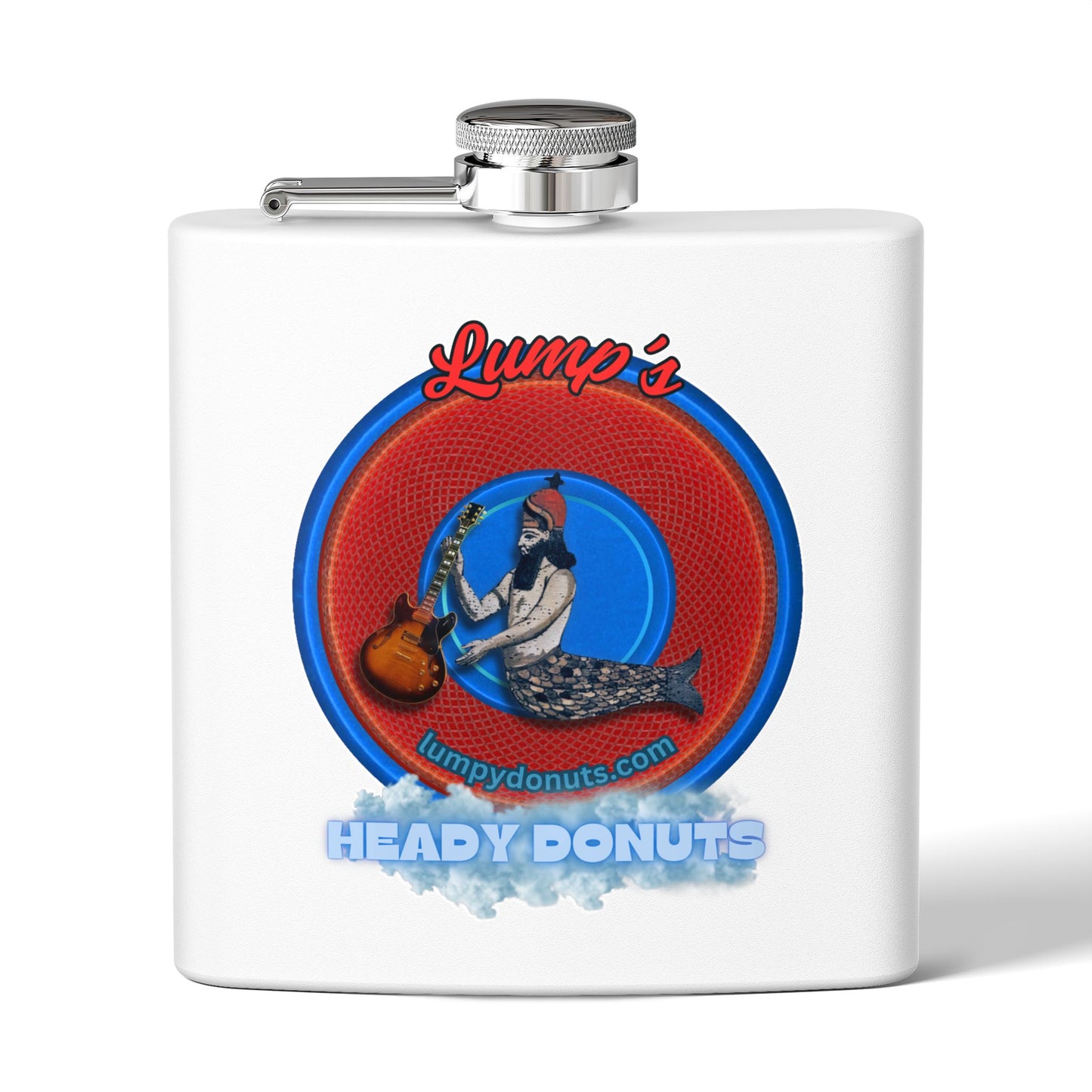 Lump's Donut Flask 6 oz -  "Lump's Heady Logo Flask" - red/blue rustic donut - [*w/your choice of 6 backgrounds]