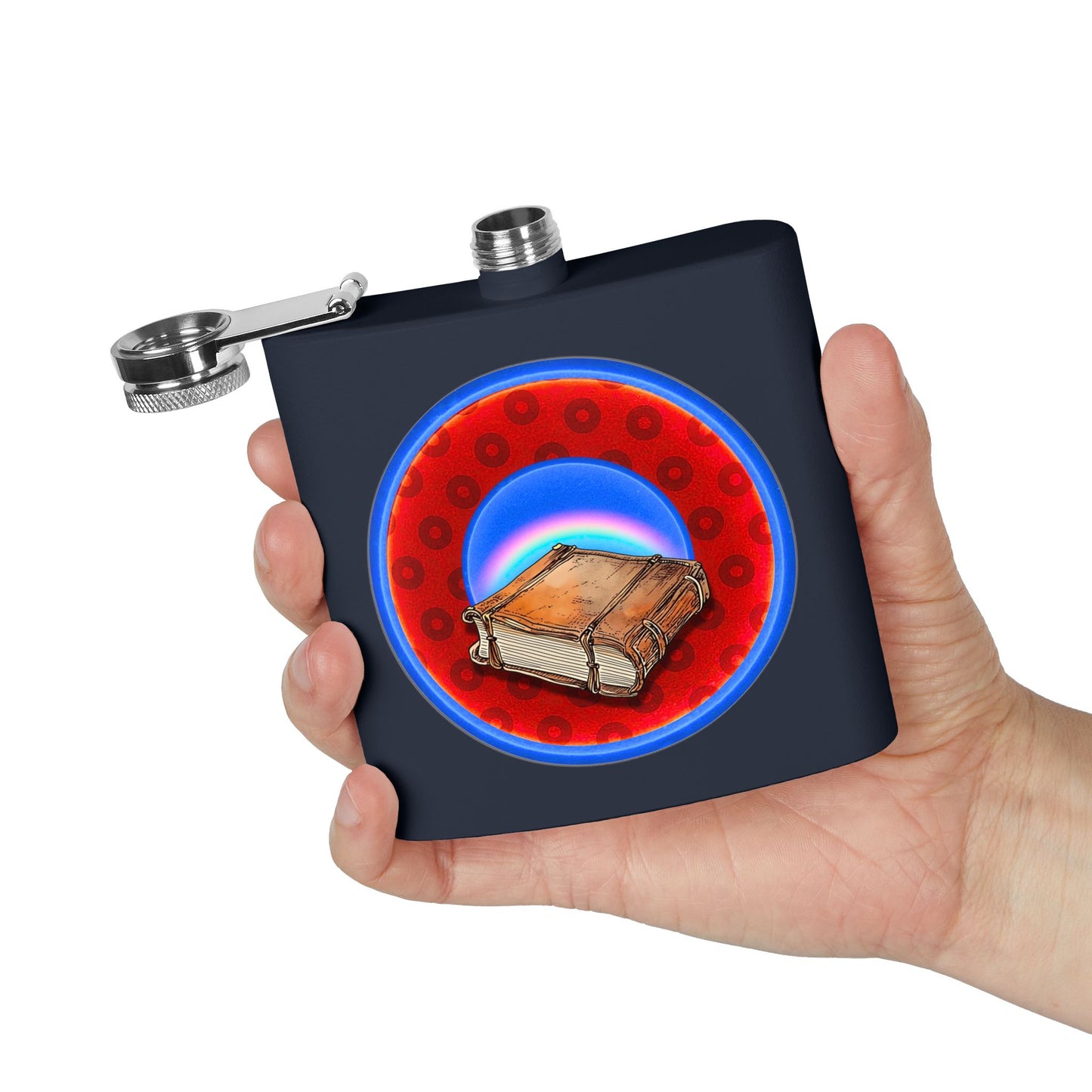 Lump's Donut Flask 6 oz -  "Helping Phriendly Flask" - red/blue widemouthed paradox donut - [*w/your choice of 6 backgrounds]