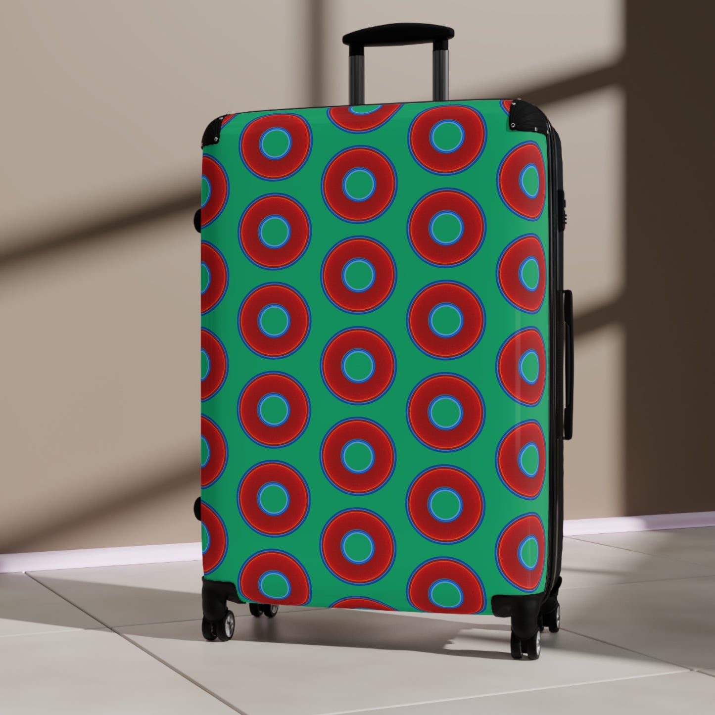 The Very Lumpy Donut Suitcase series - your choice of S, M or L - vivid red donut print w/jade green background