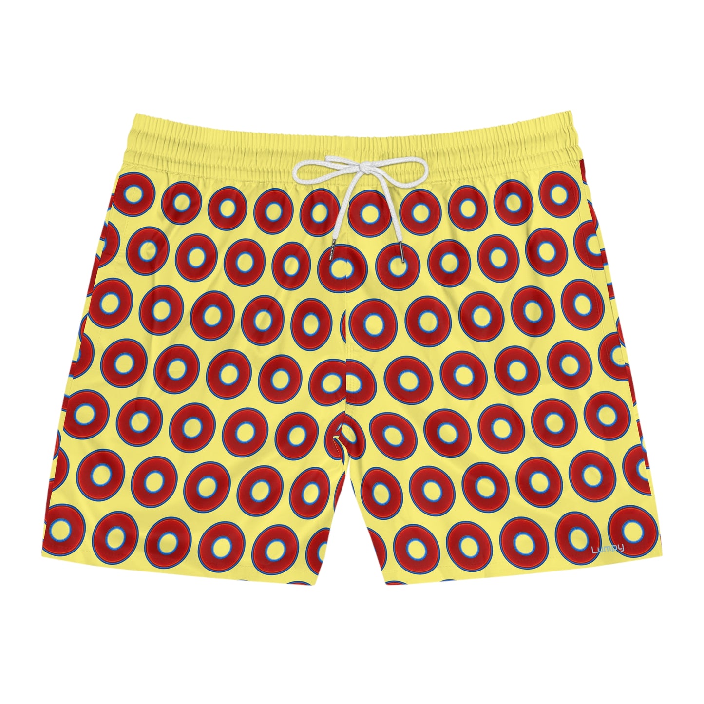 Men's Lumpy Swim Trunks - vivid red donut print w/yellow background