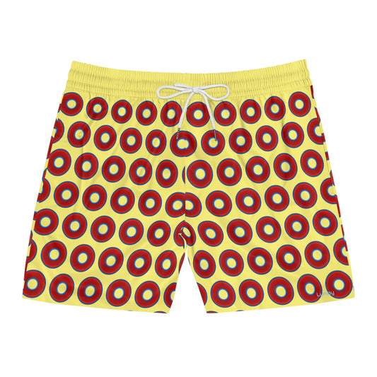 Men's Lumpy Swim Trunks - vivid red donut print w/yellow background