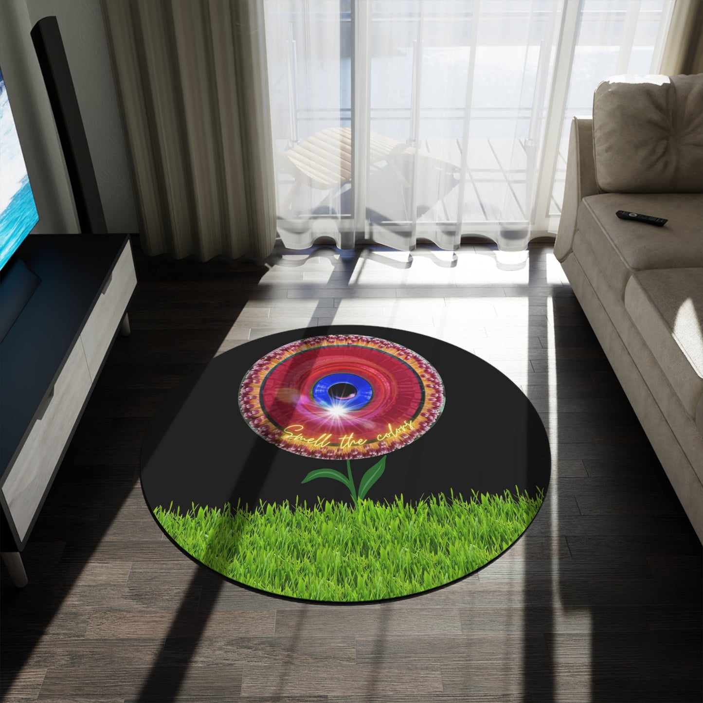 Round Room - 5 ft x 5 ft Lumpy Donut Rug - "Smell The Donuts Inside On My Rug" - red flour donut w/black background - variant 3