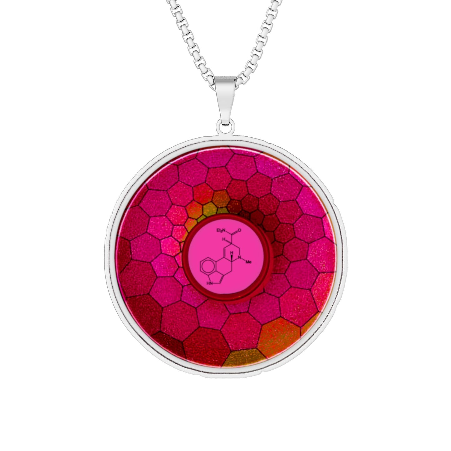 Lump's Heady Donut Necklace - 1" x 1" Stainless Steel Pendant - "Dr. Albert Hofmann's Donut" - magenta cubed donut w/background - variant 1