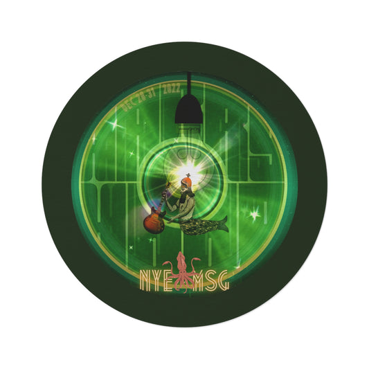 Round Room - 5 ft x 5 ft Lumpy Donut Rug - "MSG NYE Dec 28-31 2022 Hood Donut" - mirrored vivid green word donut w/deep forest green background