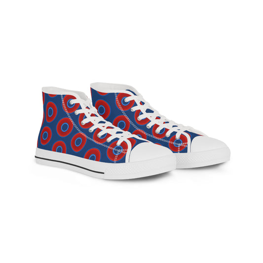 Men's High Top Chucks - large vivid red donut print w/Atlantic navy blue background