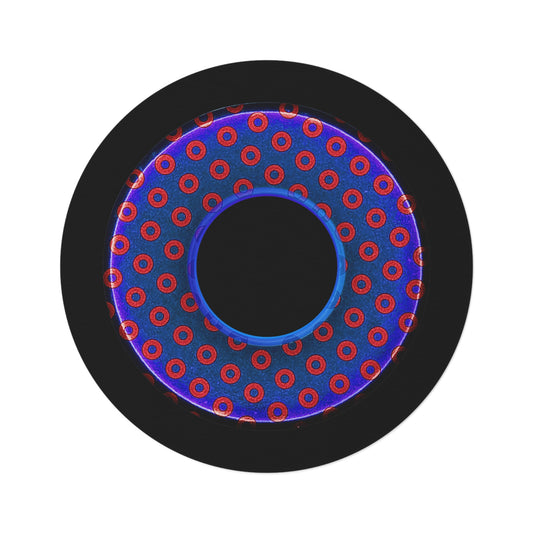 Round Room - 5 ft x 5 ft Lumpy Donut Rug - "Bling Paradox" - weathered paradoxical red/blue donut w/hole & black background