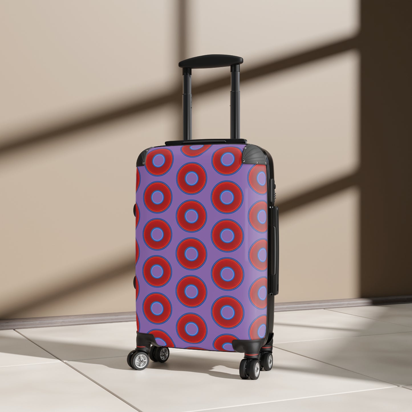 The Very Lumpy Donut Suitcase series - your choice of S, M or L - vivid red donut print w/light purple background