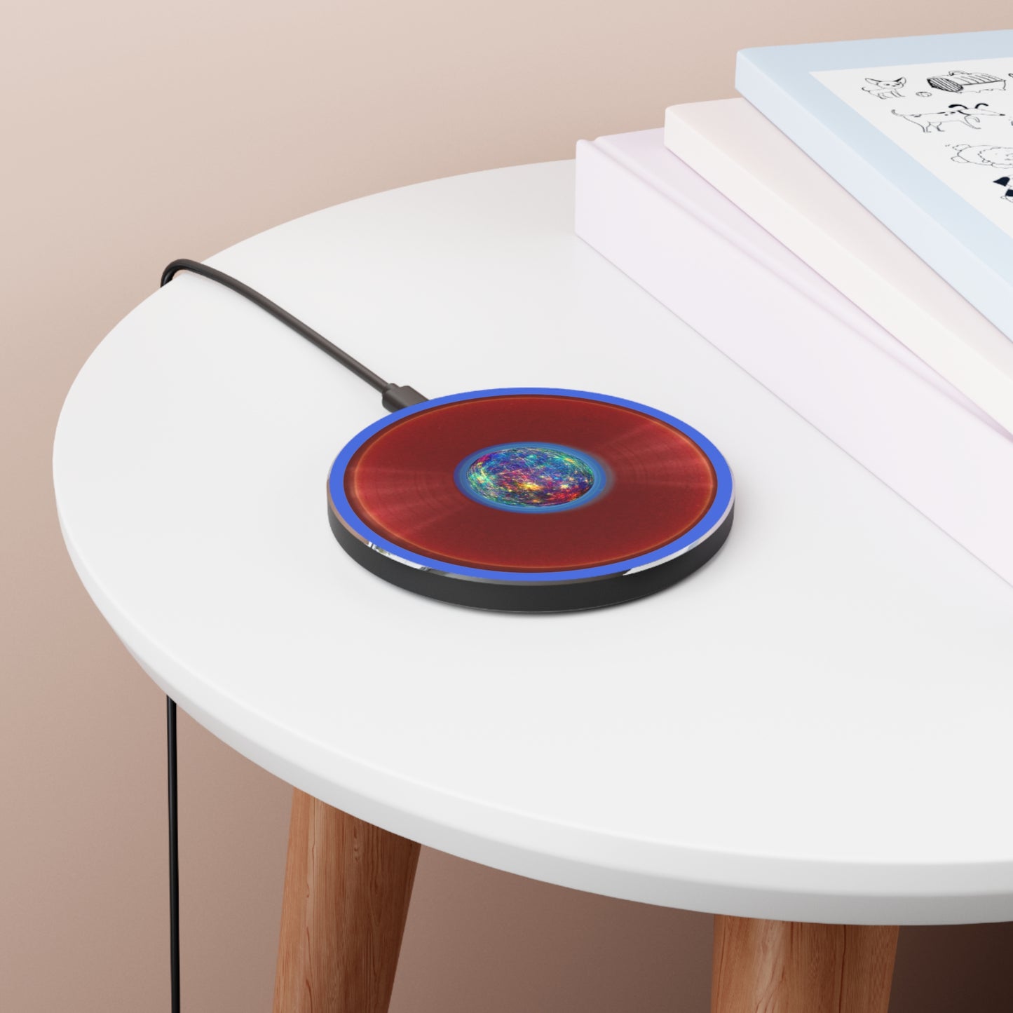 The Flow - Wireless Lumpy Donut Chargers - "Wireless Donut Charger of the Gods" - vivid red w/royal blue background - variant - 1