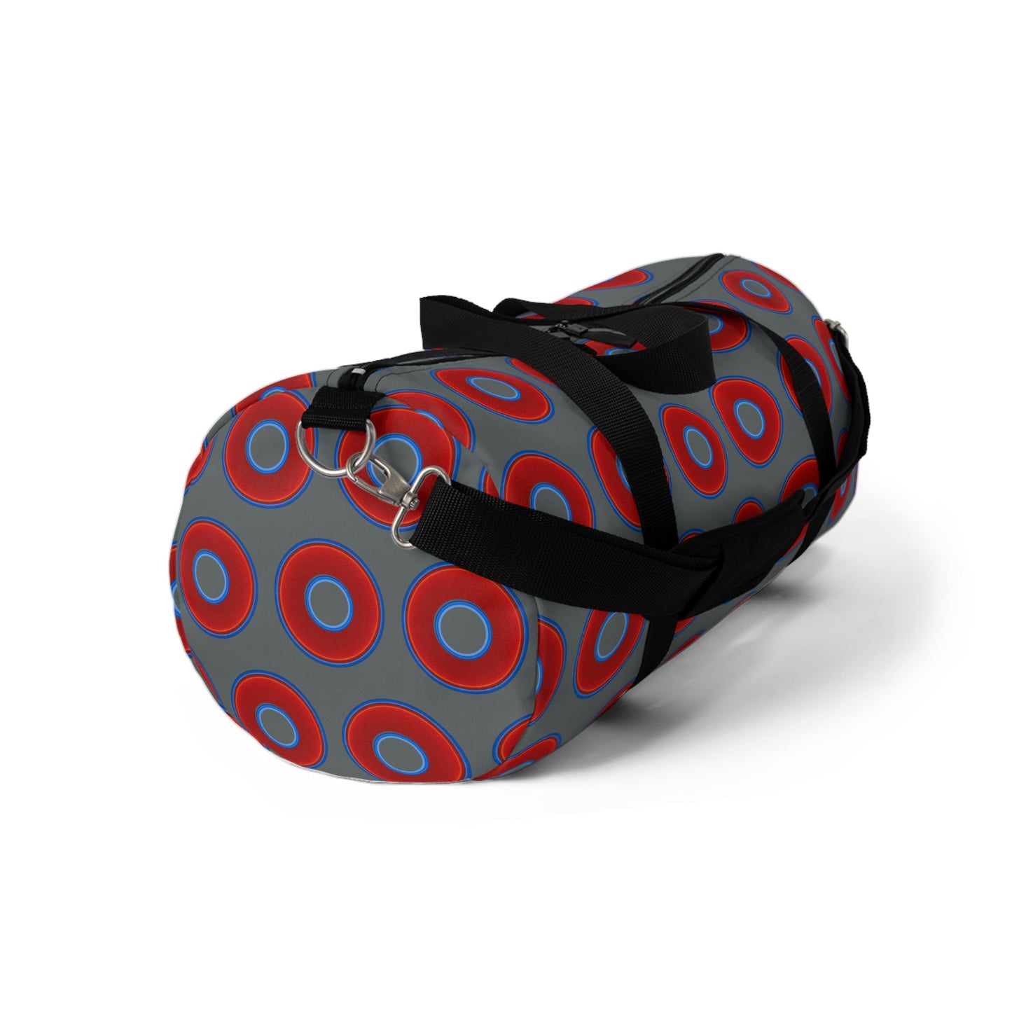 Lumpy Duffel - vivid red donuts w/dark gray background