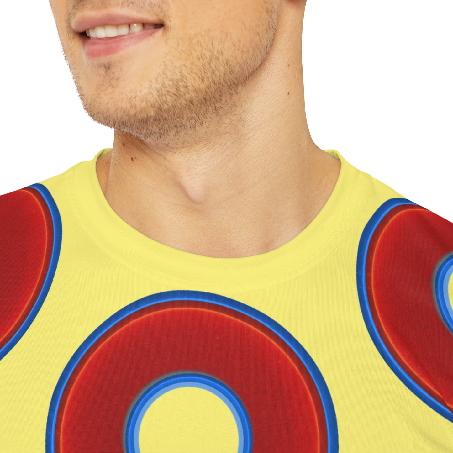 Multi-Beastie Giant Donut AOP Polyester Tee - red vivid donut print w/yellow background