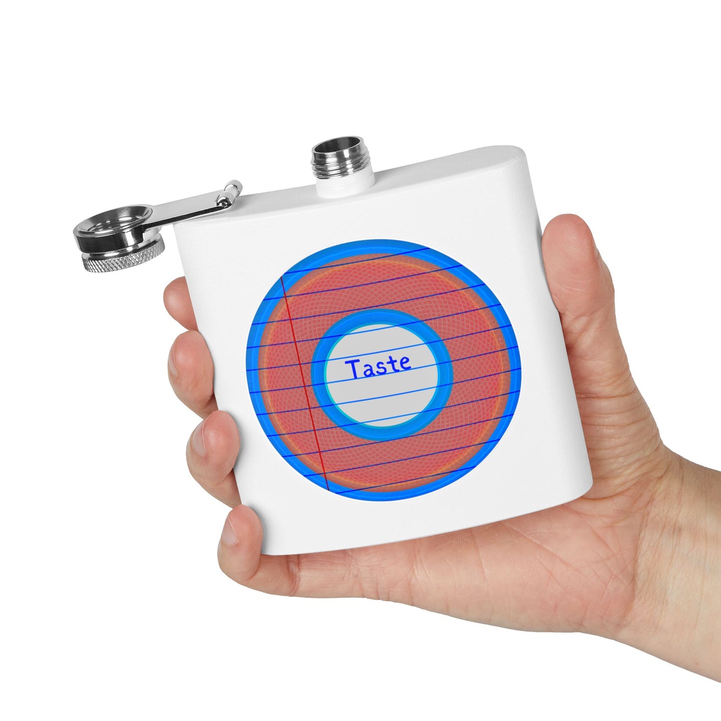Lump's Donut Flask 6 oz -  "Tasty Flask Donut" - red/blue rustic donut - [*w/your choice of 6 backgrounds]