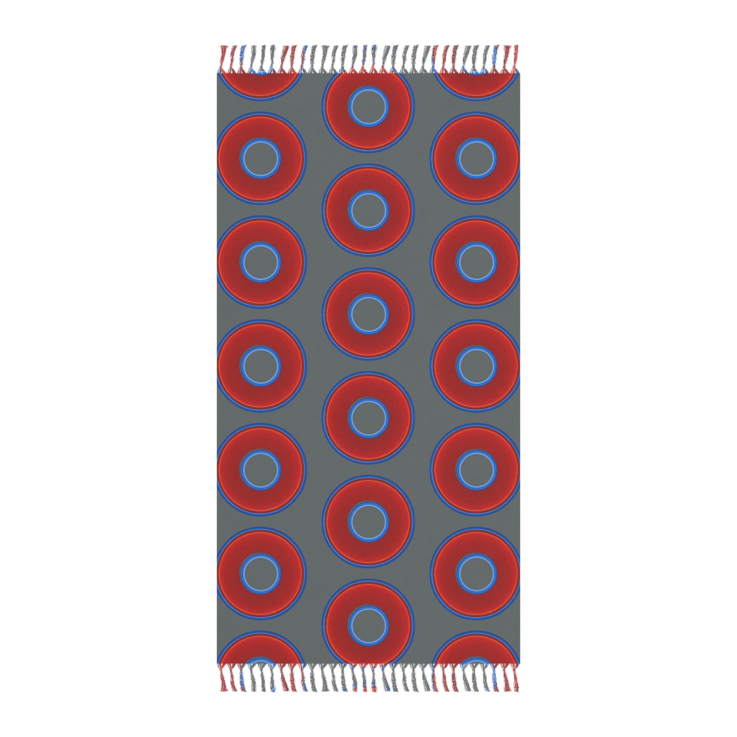 Oversized Lumpy Beach Towel - vivid red donuts w/dark gray background