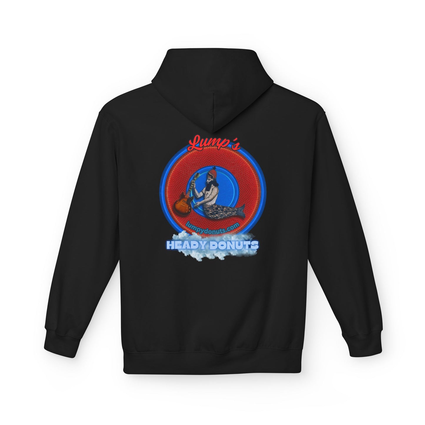 Unisex Fleece Hoodie - [Midweight Soft-style] - "Lump's Heady Logo" - w/rustic red donuts