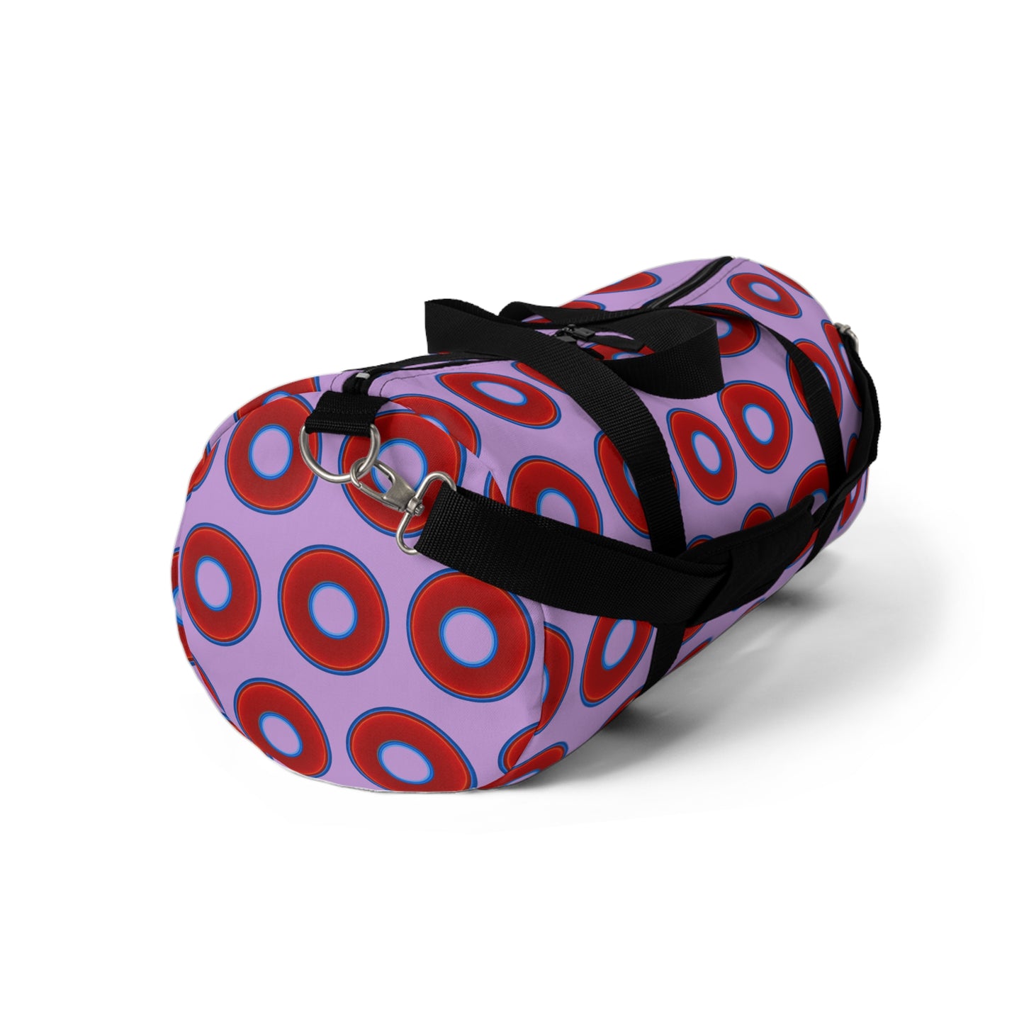 Lumpy Duffel - vivid red donuts w/wisteria purple background