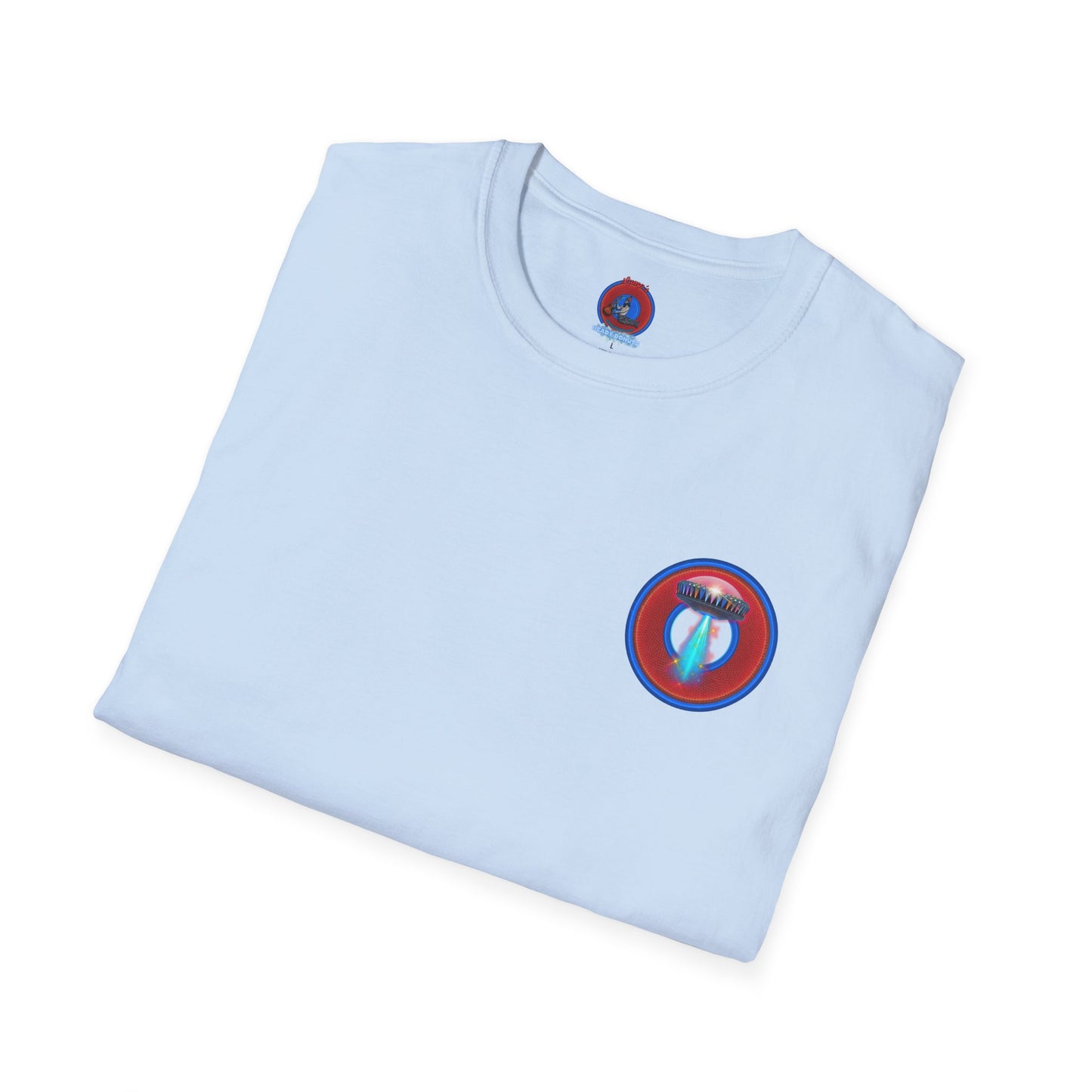 Classic Donut Tee - Unisex Soft-Style - "Donuts now Served on the Mothership" - red/blue donut