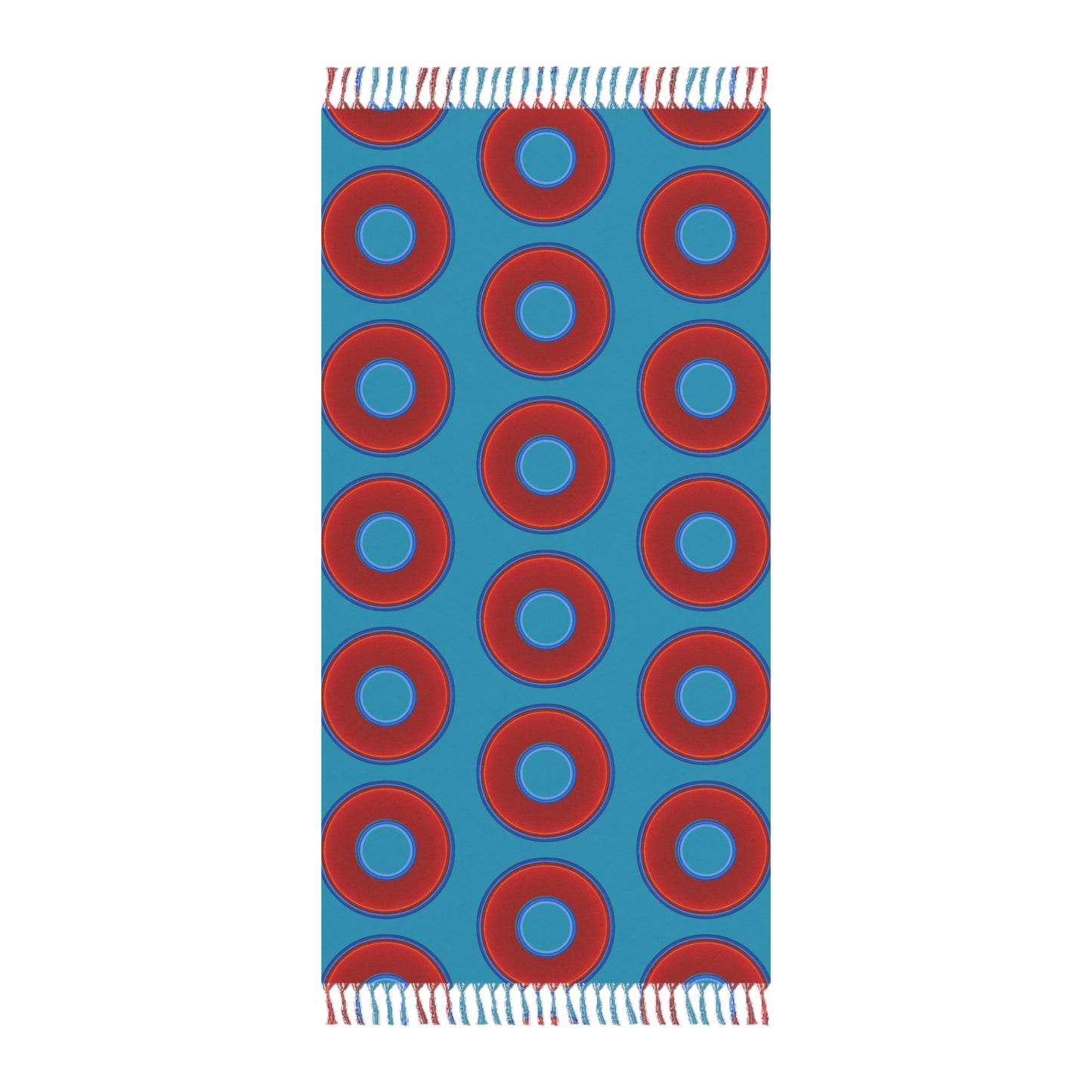 Oversized Lumpy Beach Towel - vivid red donuts w/aquamarine blue background