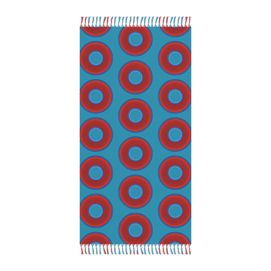 Oversized Lumpy Beach Towel - vivid red donuts w/aquamarine blue background