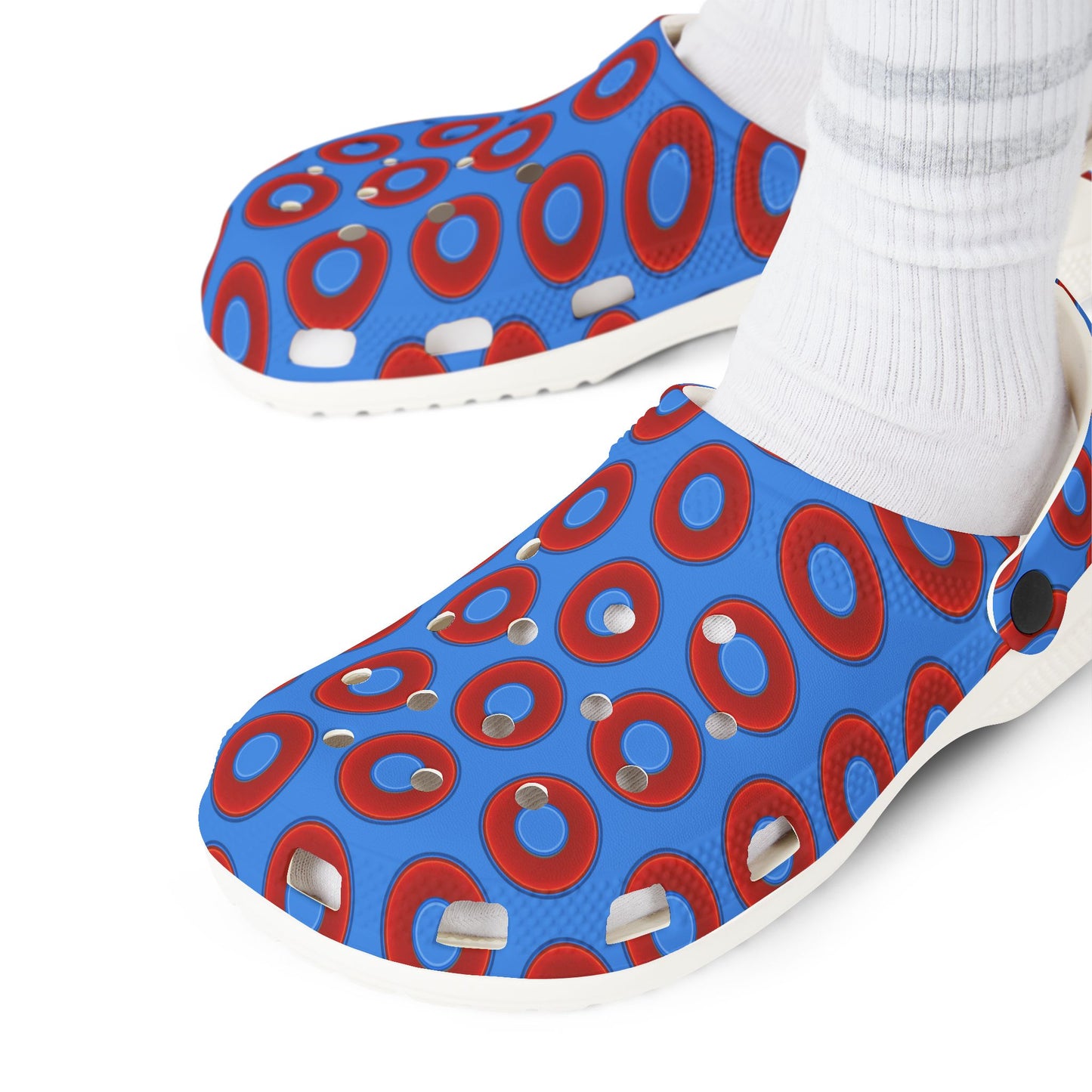 Spatchcocks - donut slip-on shoes - vivid red donuts w/light royal blue background [unisex]