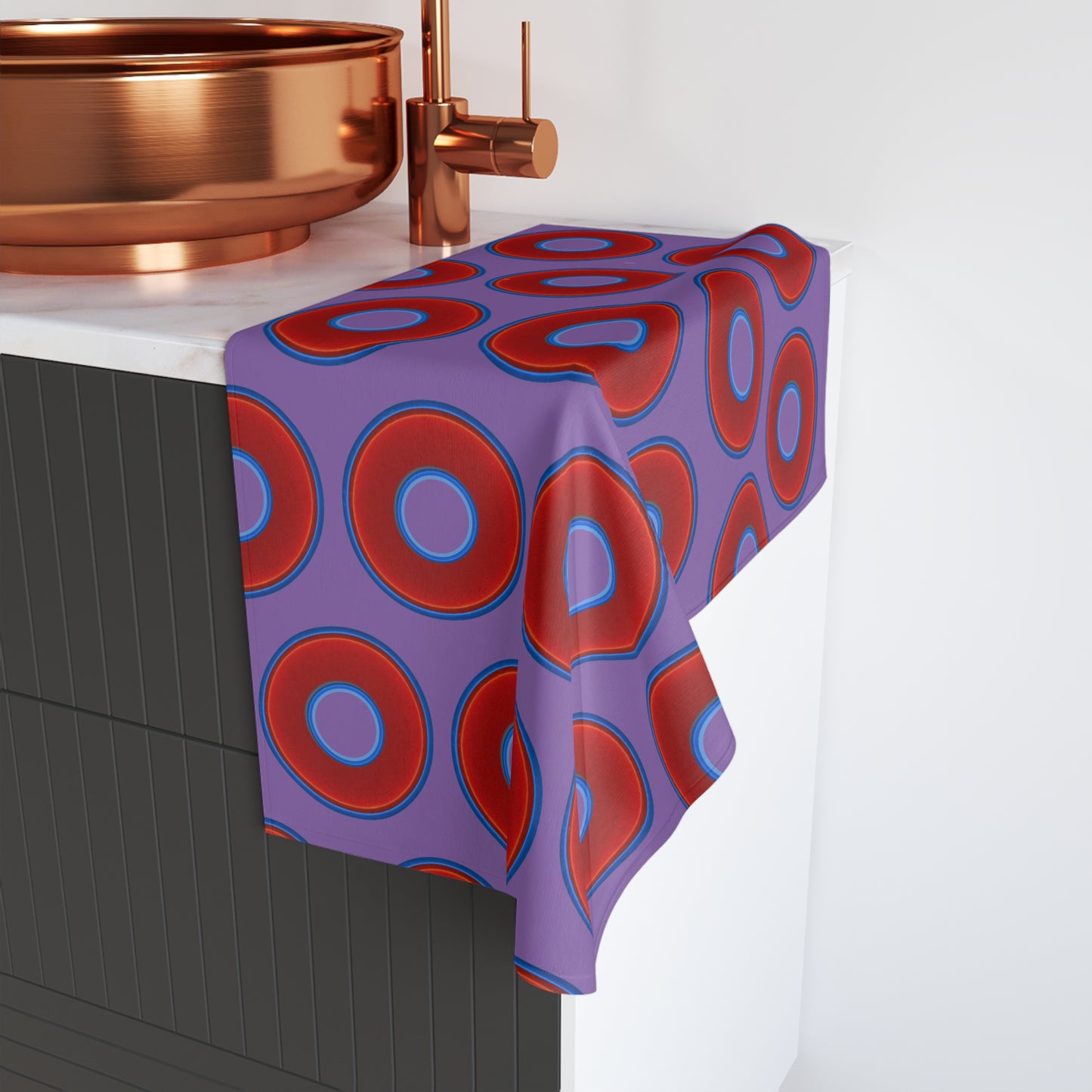 Lumpy Kitchen/Hand Towels - vivid red donuts w/purple background