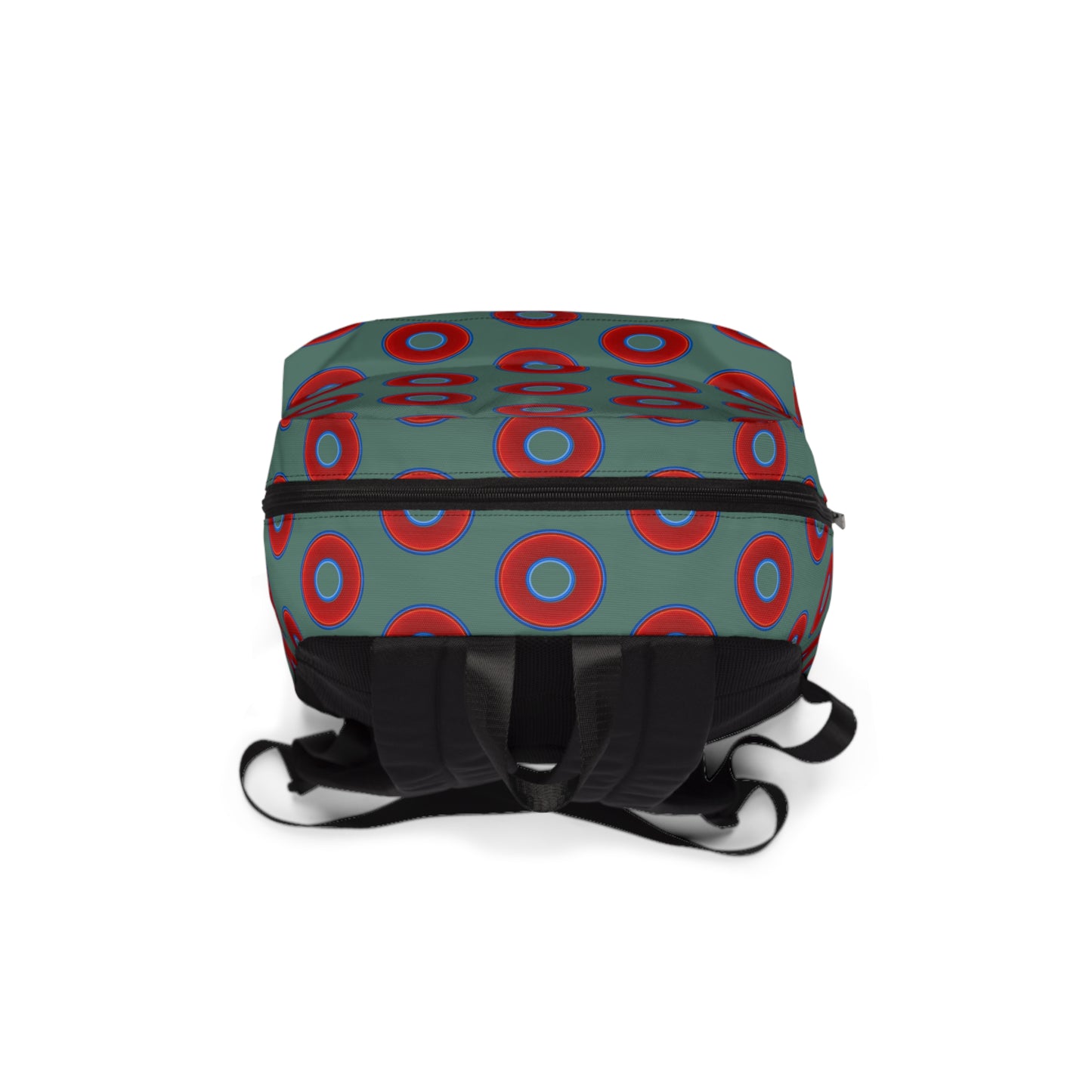 Donut Backpack - red vivid donuts w/Fenway green background