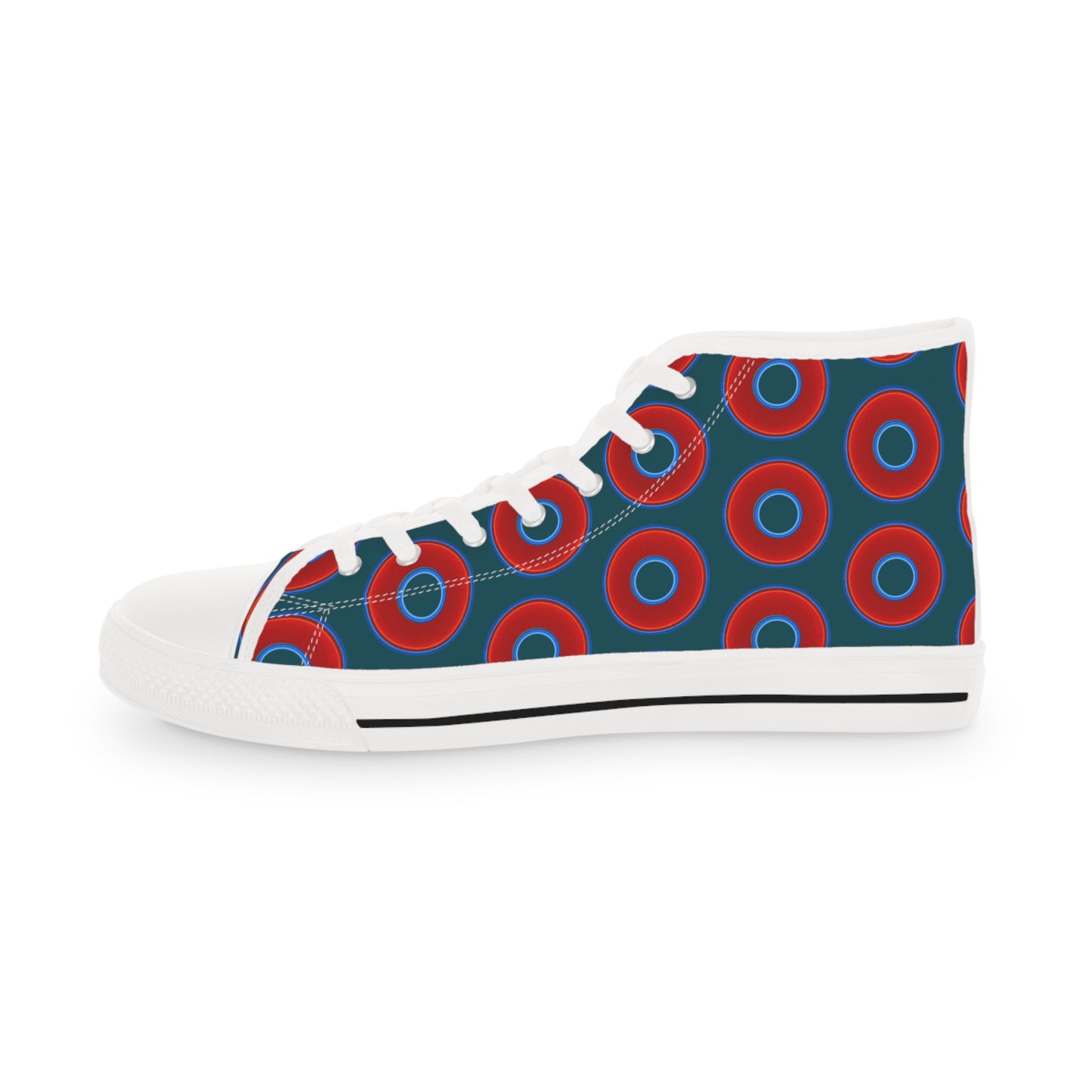 Men's High Top Chucks - large vivid red donut print w/midnight teal green background