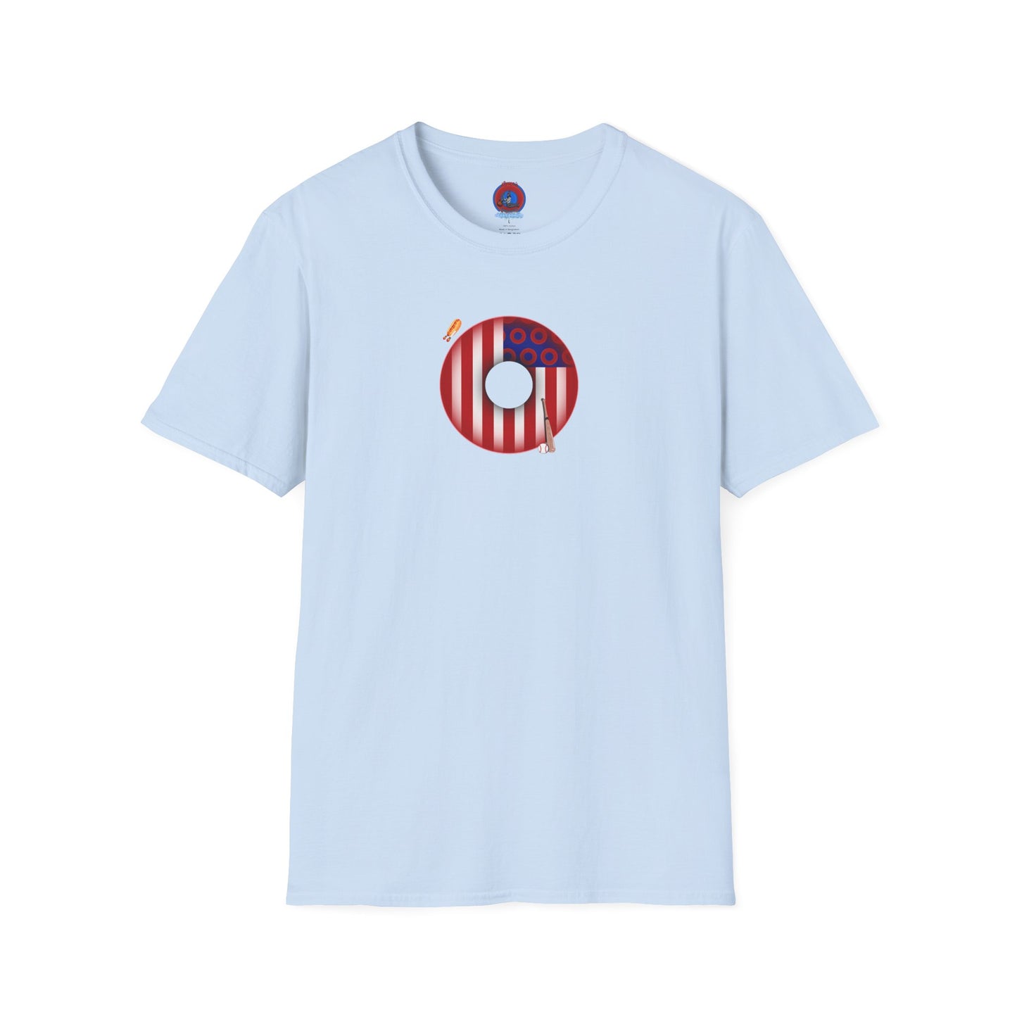 Classic Donut Tee - Unisex Soft-Style - "Uncle Sam's Donuts & Stripes" - vivid flag donut w/raw dogger