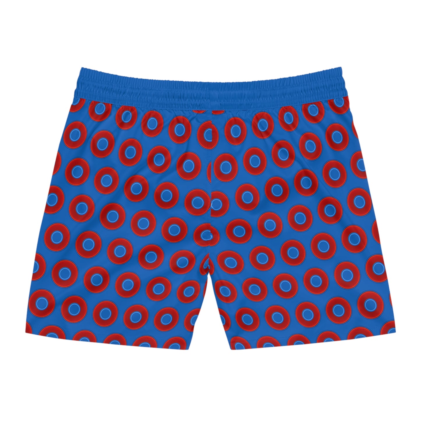 Men's Lumpy Swim Trunks - vivid red donut print w/dark royal blue background