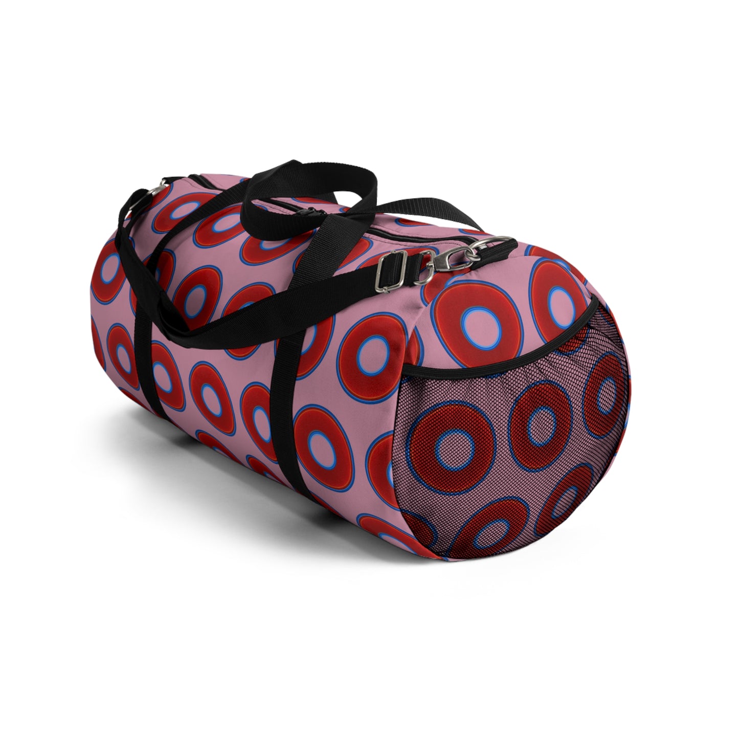 Lumpy Duffel - vivid red donuts w/pale magenta background